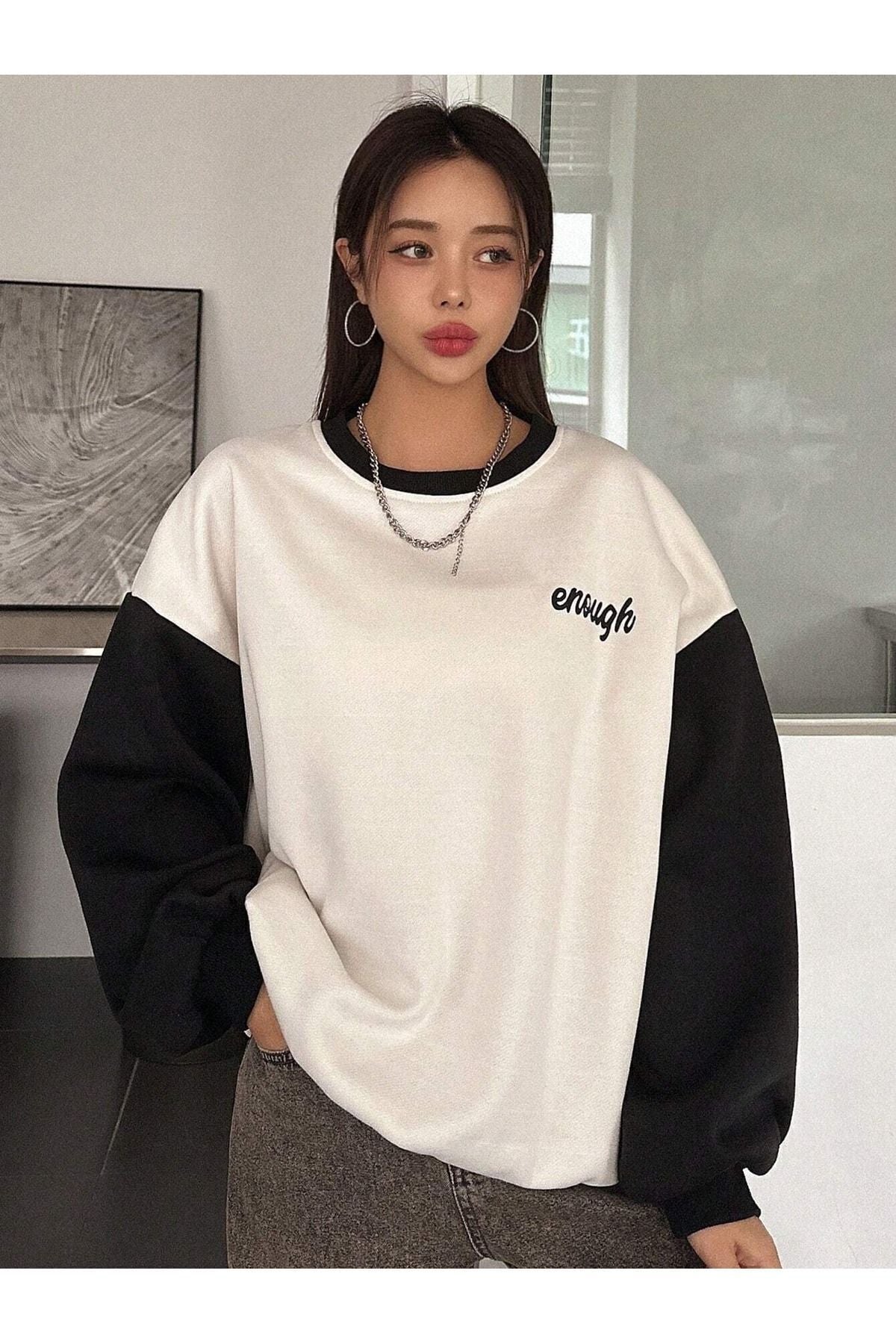 Know Kadın 3 Iplik Beyaz Enough Baskılı Füme Kol Detay Oversize Sweatshirt