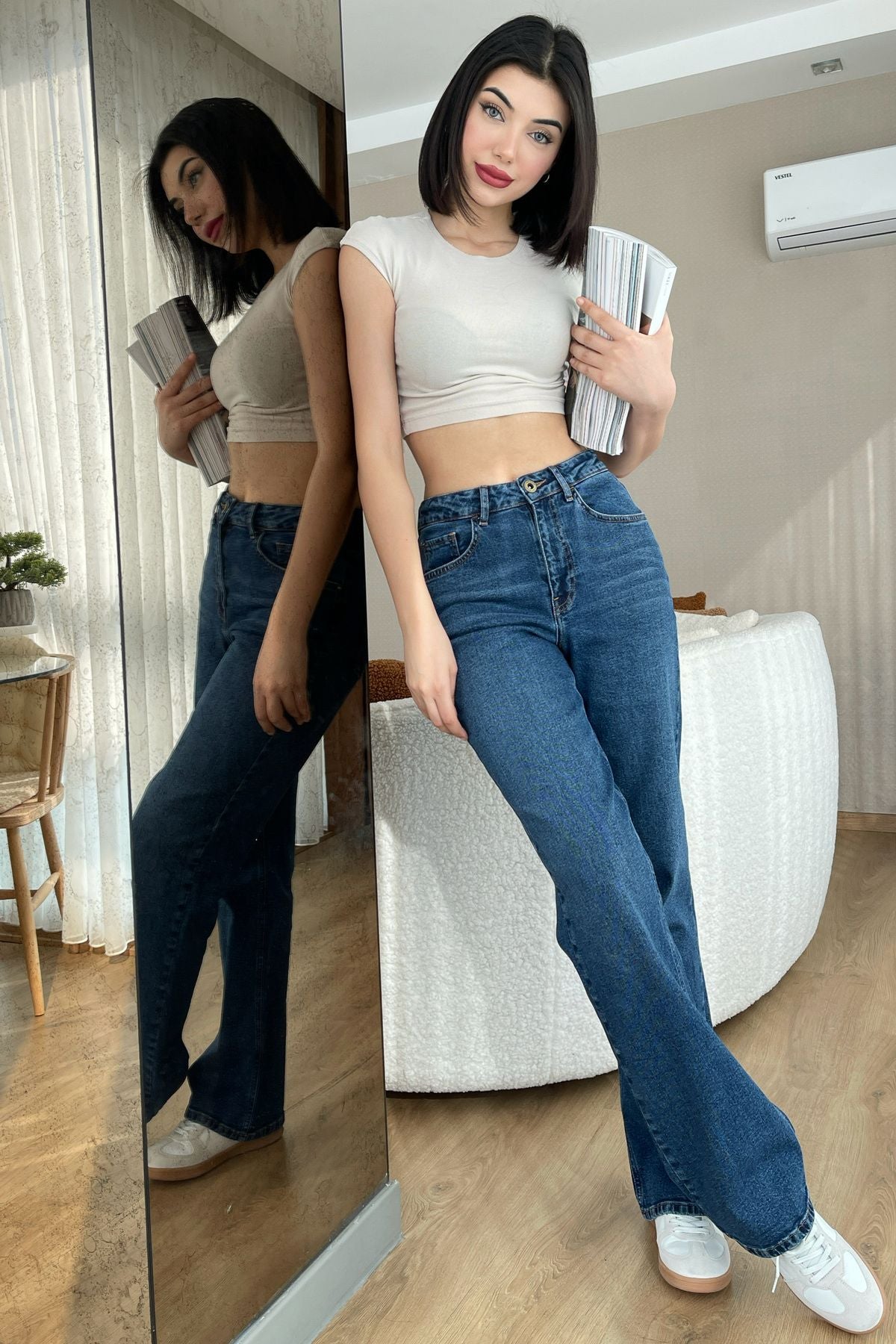 HLT JEANS Koyu Mavi Kadın Wide Leg Jean Yüksek Bel Palazzo Likralı Esnek Kot Pantolon Jessica-kymavi