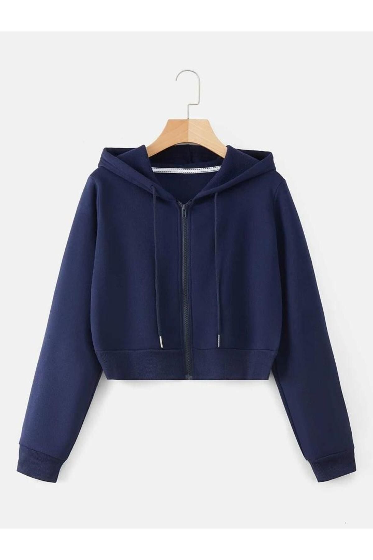 ER&WİER Kadın Fitted Crop Kapşonlu Zip Fermuarlı Polar Hırka Sweatshirt