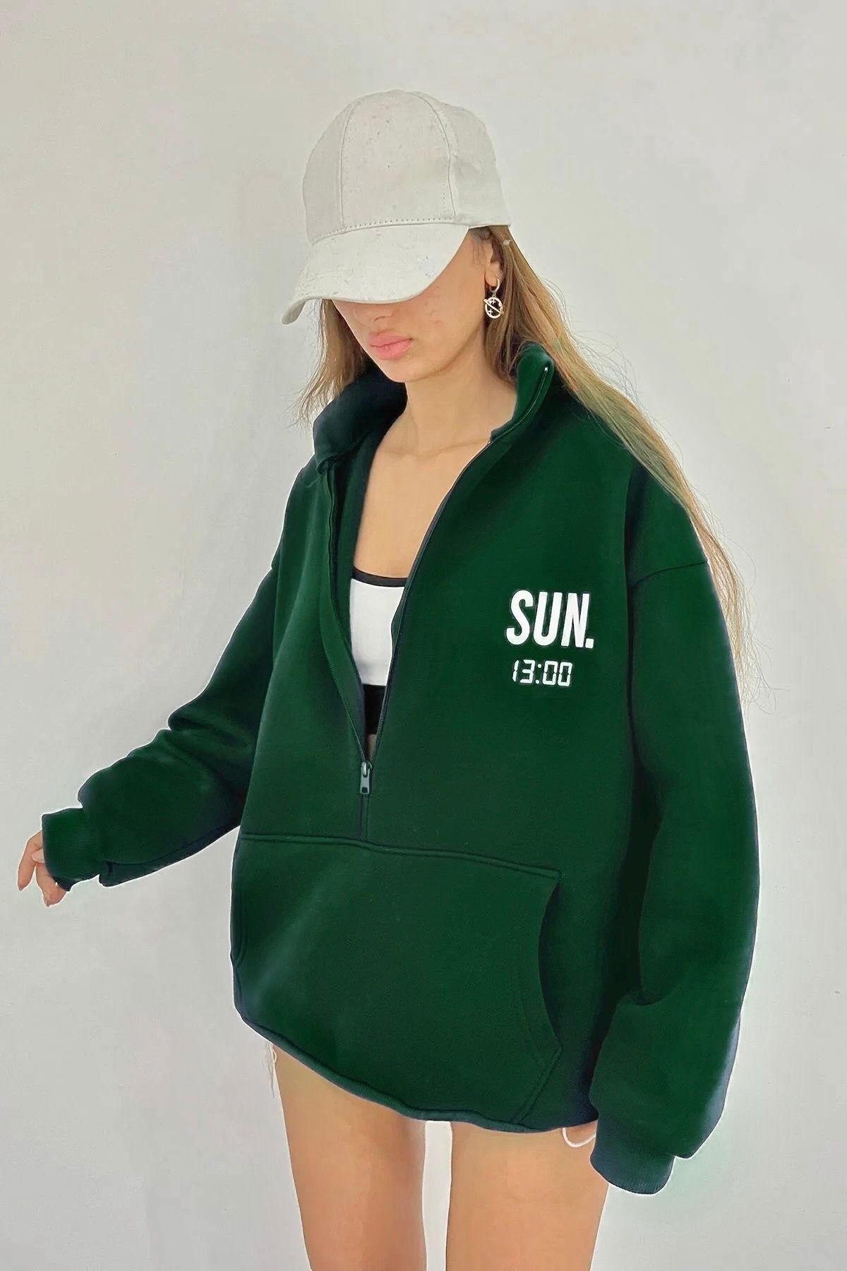 Sun Victoria Lacivert Unisex Dik Yaka Fermualı Oversize 3 Iplik İçi Şardonlu Baskılı Sweatshirt