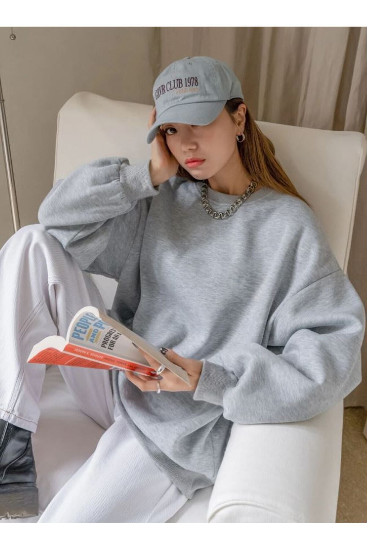 MODARİCH Füme Kalın Sweatshirt - Oversize Şardonlu Bisiklet Yaka