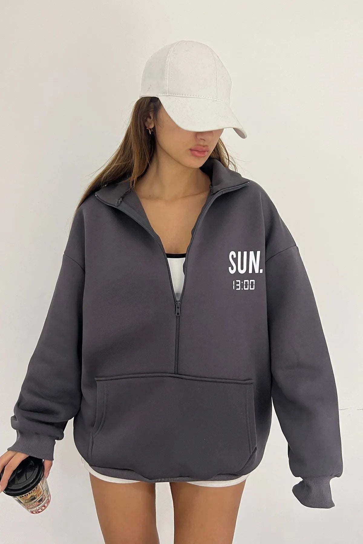 Sun Victoria Lacivert Unisex Dik Yaka Fermualı Oversize 3 Iplik İçi Şardonlu Baskılı Sweatshirt