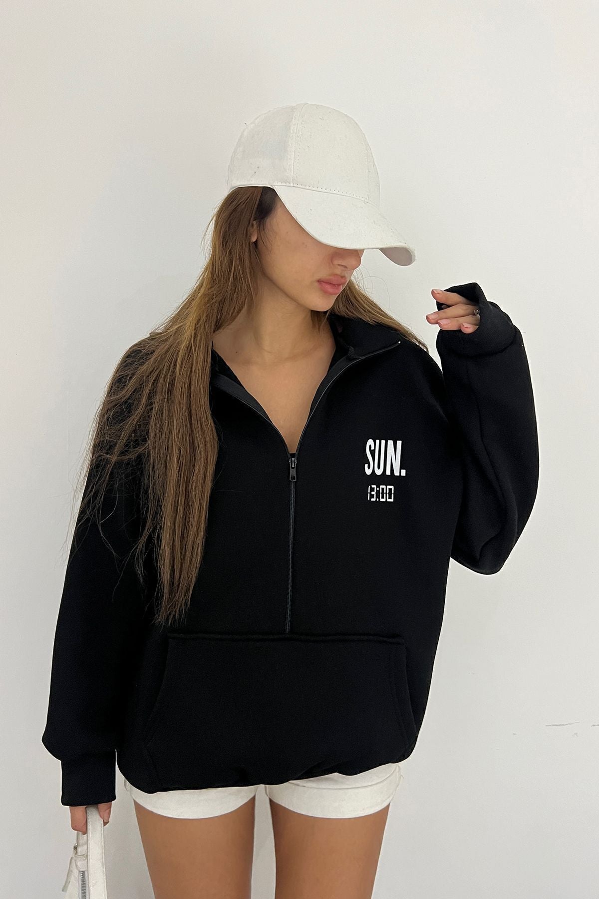 Sun Victoria Lacivert Unisex Dik Yaka Fermualı Oversize 3 Iplik İçi Şardonlu Baskılı Sweatshirt