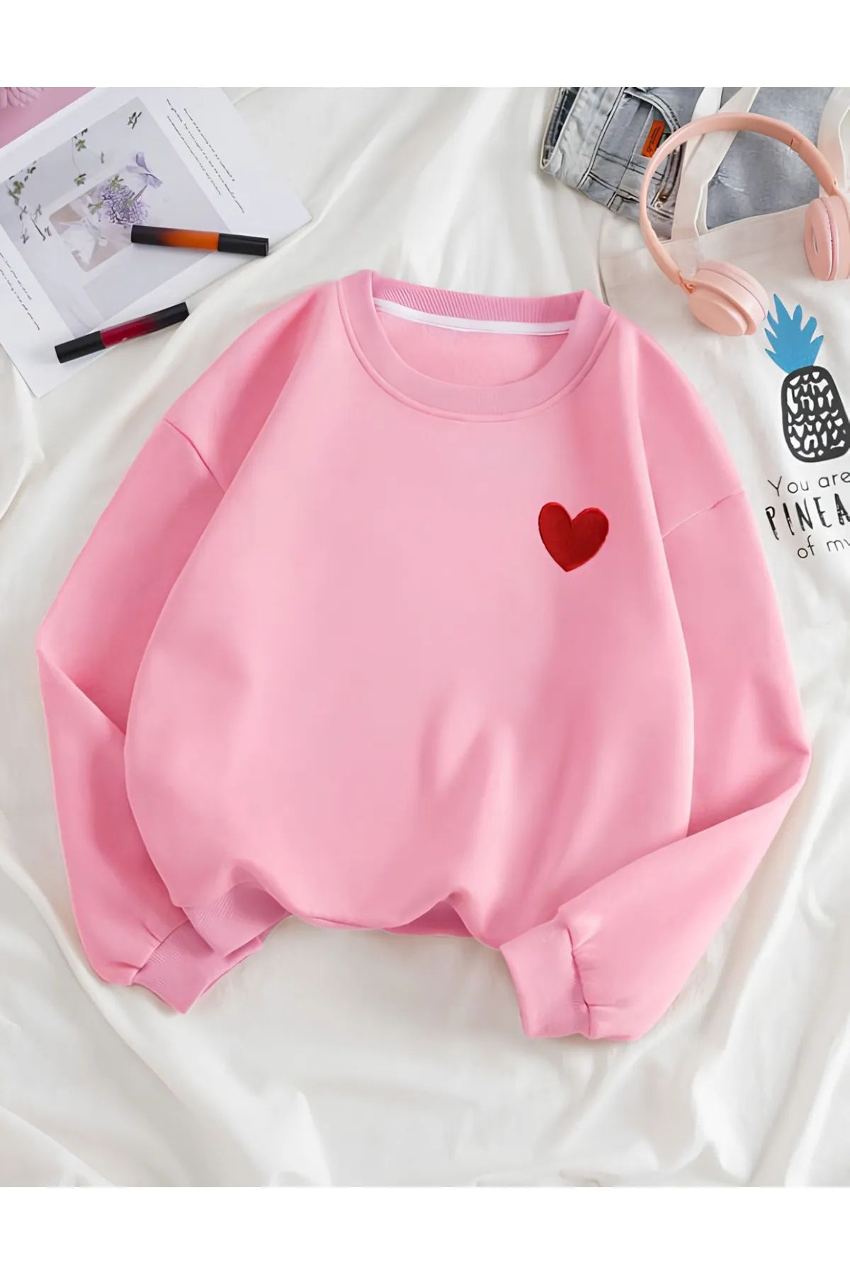 İNFİNİTY LİFE (3 İPLİK) Kadın Kalp Baskılı Bisiklet Yaka Oversize Sweatshirt