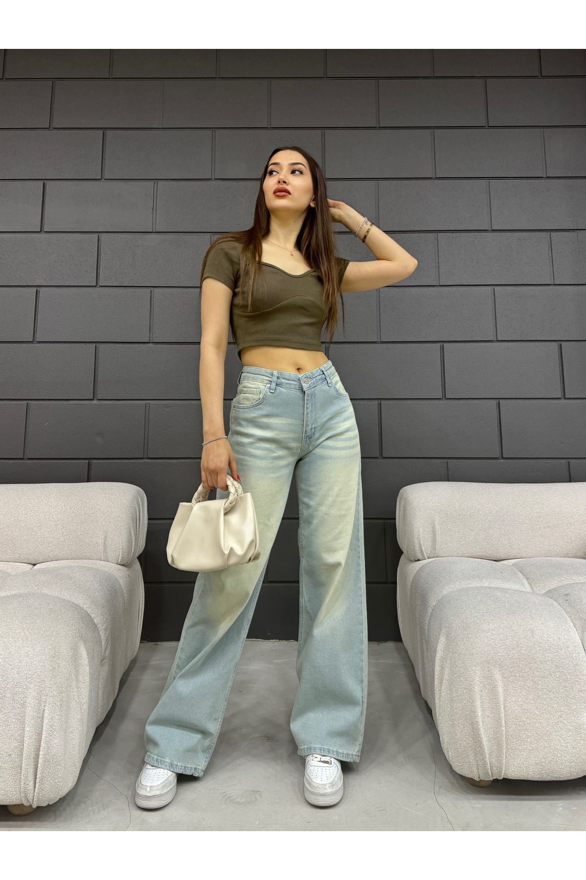 BİKELİFE Kadın Soluk Efekt Vintage Yüksek Bel Wide Leg Jeans