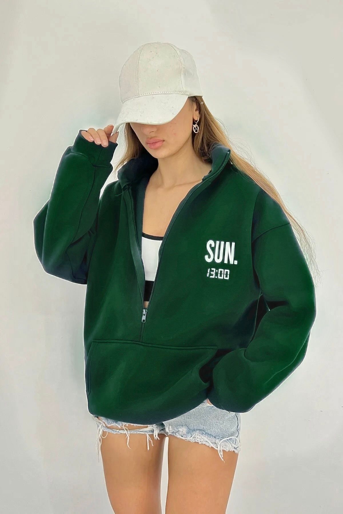 Sun Victoria Lacivert Unisex Dik Yaka Fermualı Oversize 3 Iplik İçi Şardonlu Baskılı Sweatshirt