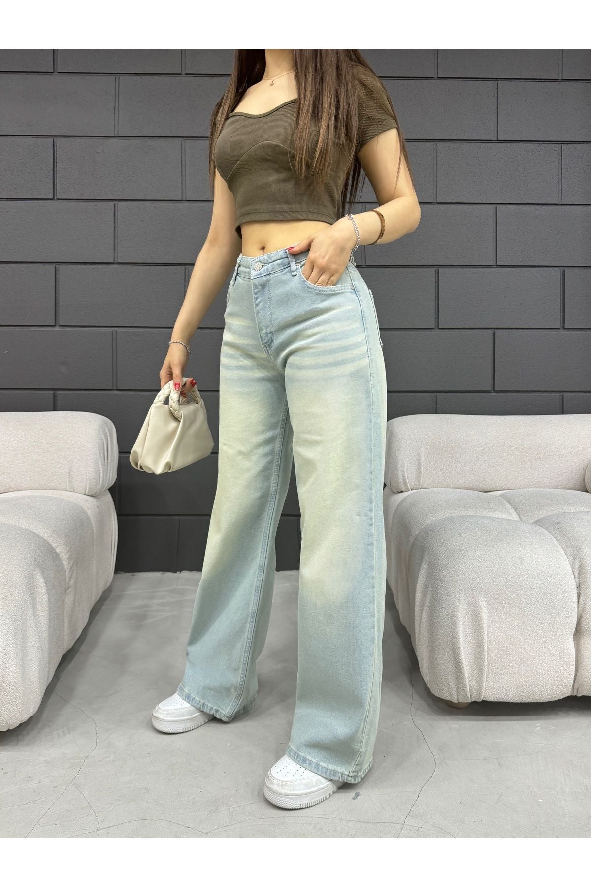 BİKELİFE Kadın Soluk Efekt Vintage Yüksek Bel Wide Leg Jeans