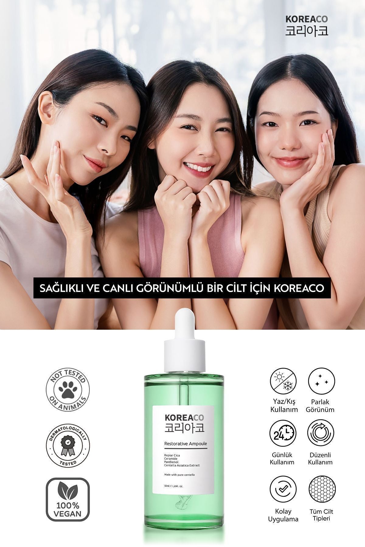 KOREACO Centella & Cica & Ceramide - Onarıcı, Aydınlatıcı ,24 Saat Nemlendirme Ampoule