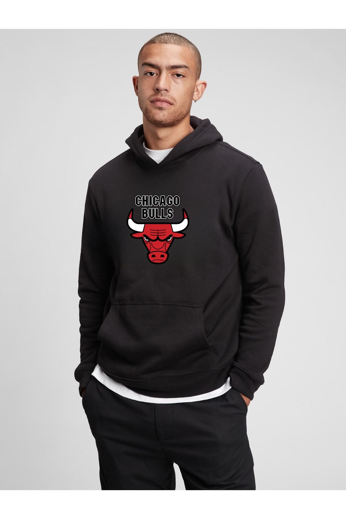 BOHEMGİYİM Erkek Siyah Göğüs Dikey Baskılı Oversize Kapşonlu Sweatshirt