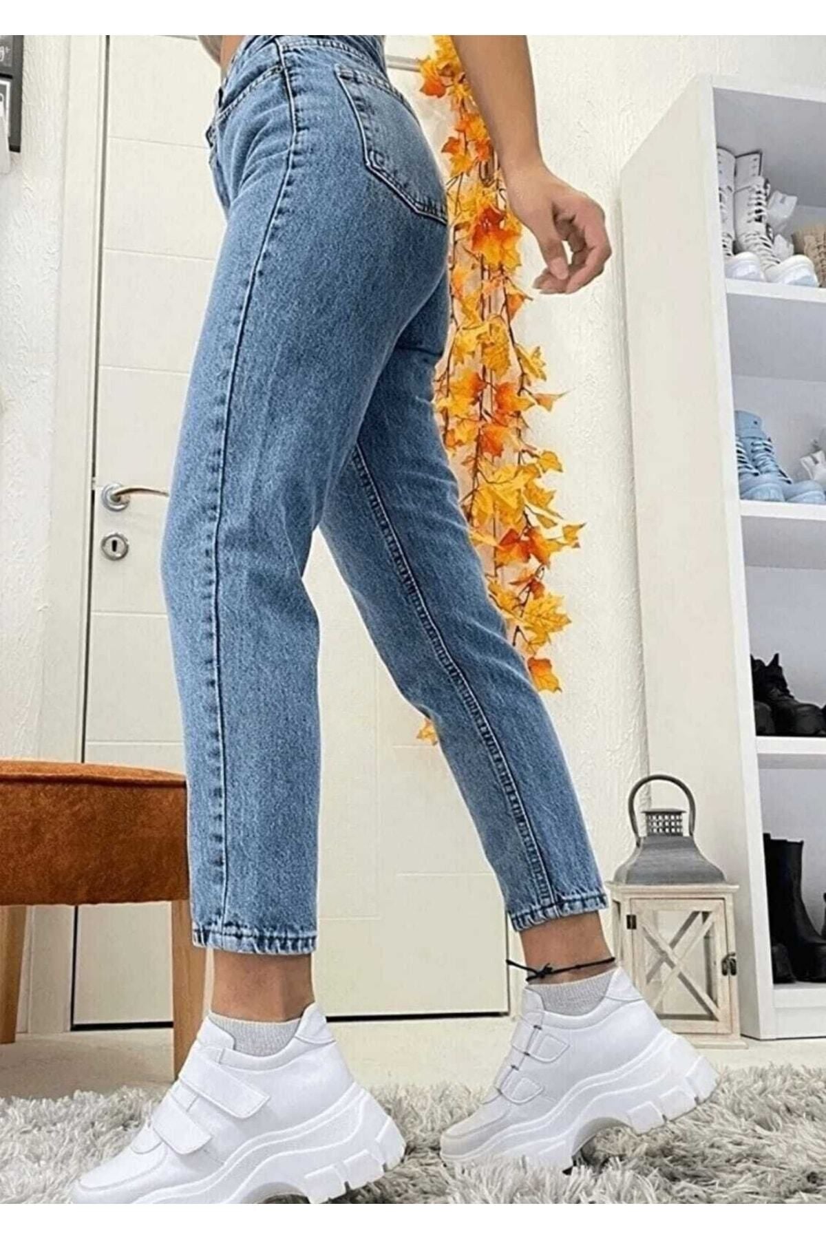 geenz manifacture Ngbutika Açık Mavi Mom Jeans Likralı Yüksek Bel Mavi Kar Yıkamalı Mom Kot Pantolon Ekstra Esnek