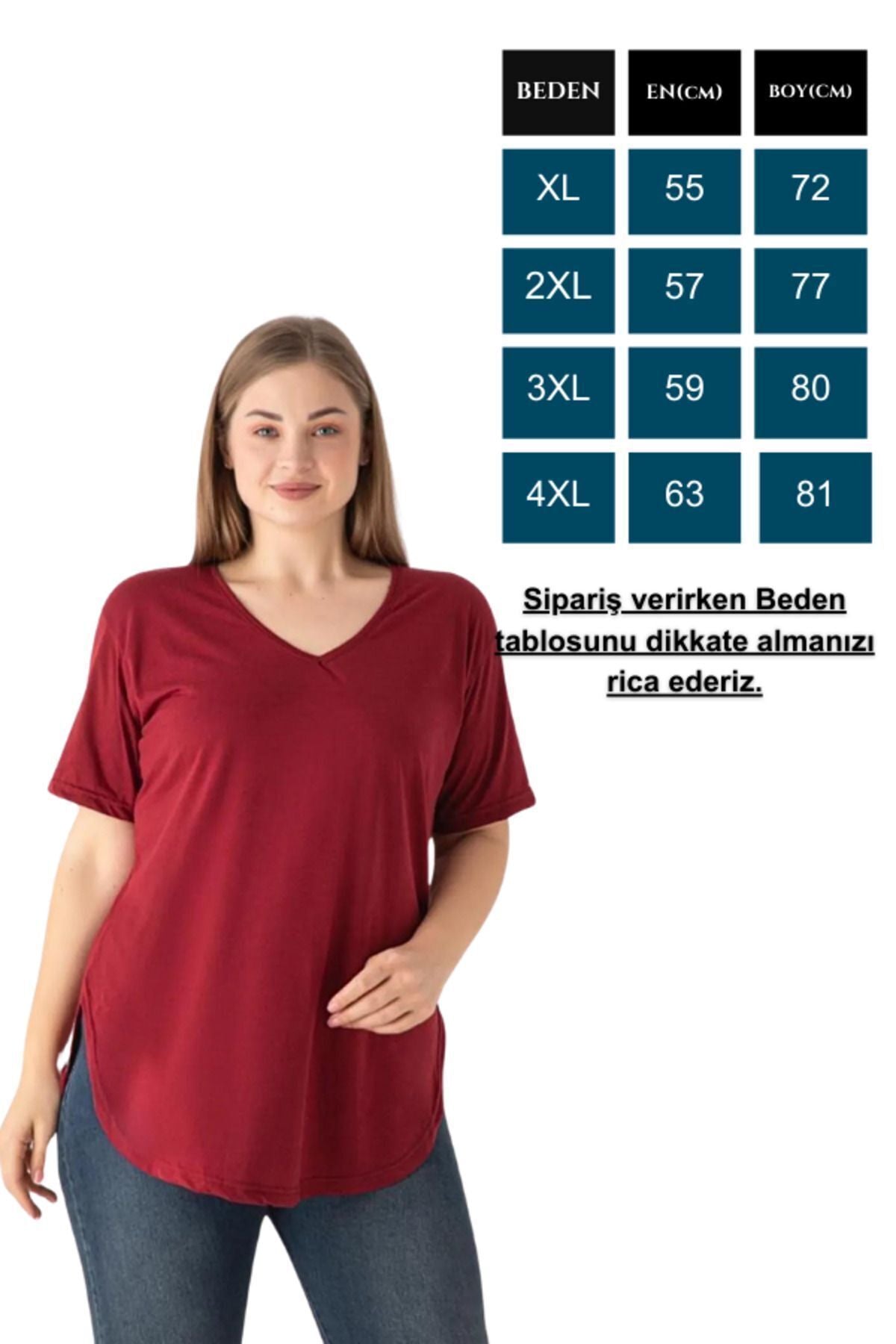 Trendbade Butik Kadın V Yaka Büyük Beden T-shirt Siyah