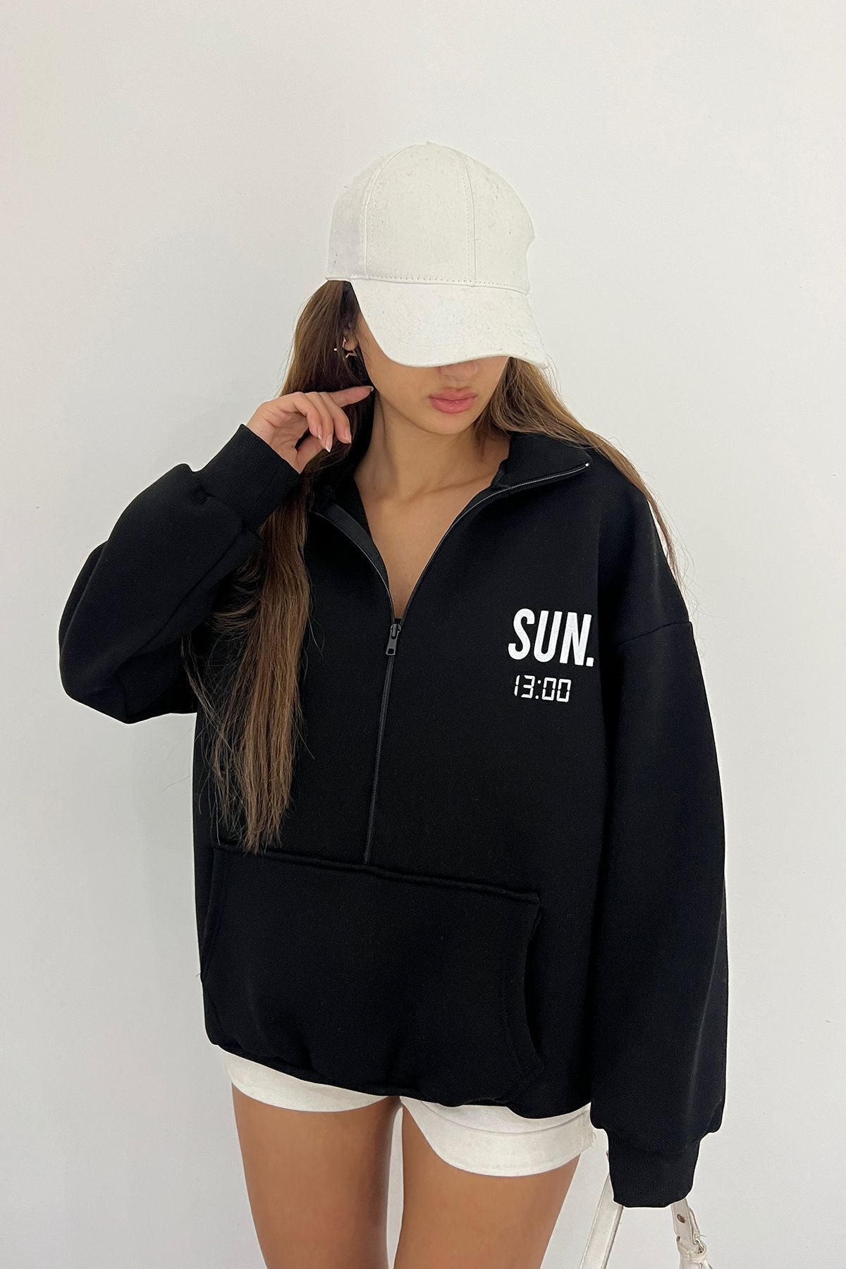 Sun Victoria Lacivert Unisex Dik Yaka Fermualı Oversize 3 Iplik İçi Şardonlu Baskılı Sweatshirt