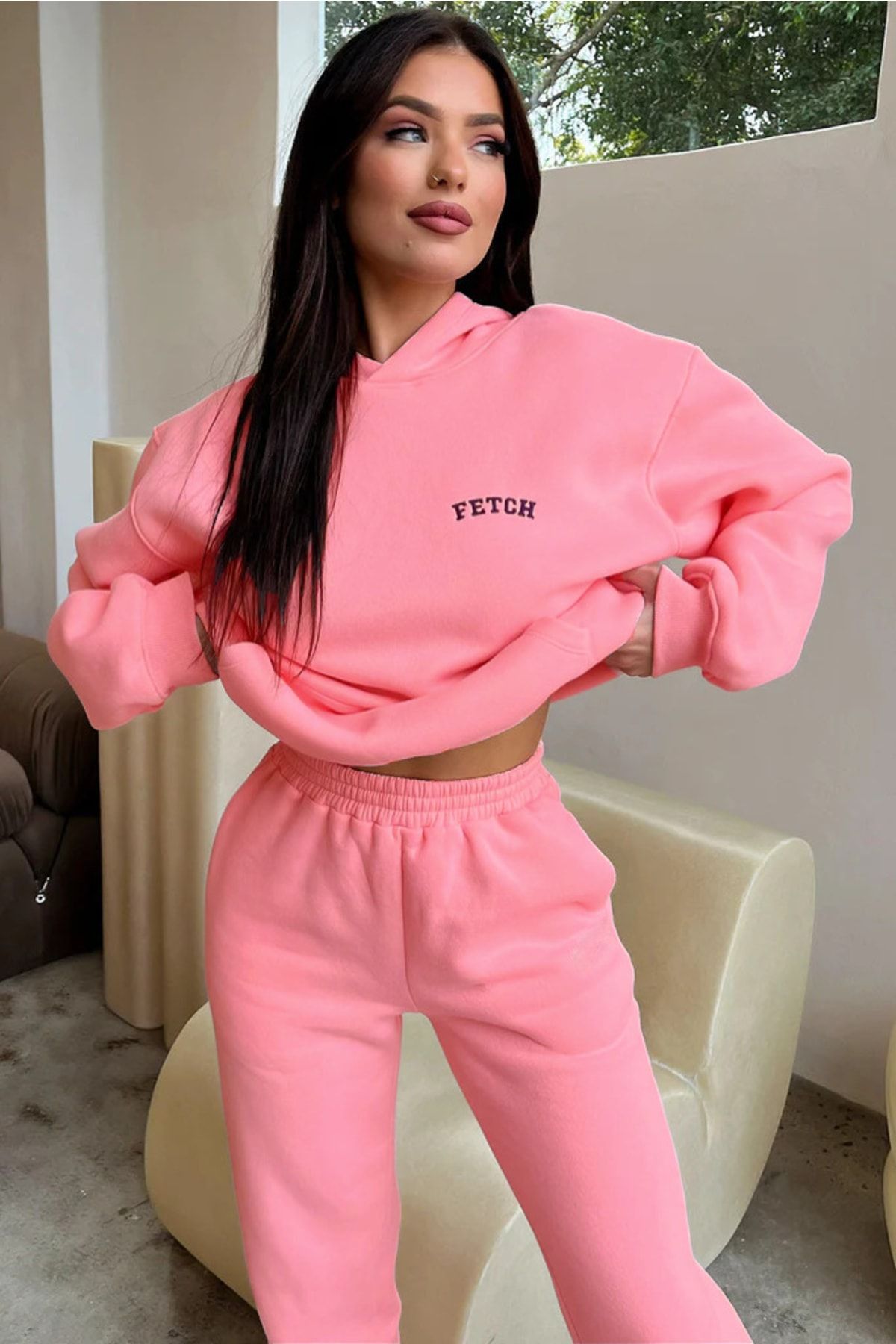 CLAYES Pembe Fetch Eşofman Takımı - Baskılı Oversize Kapüşonlu Şardonlu