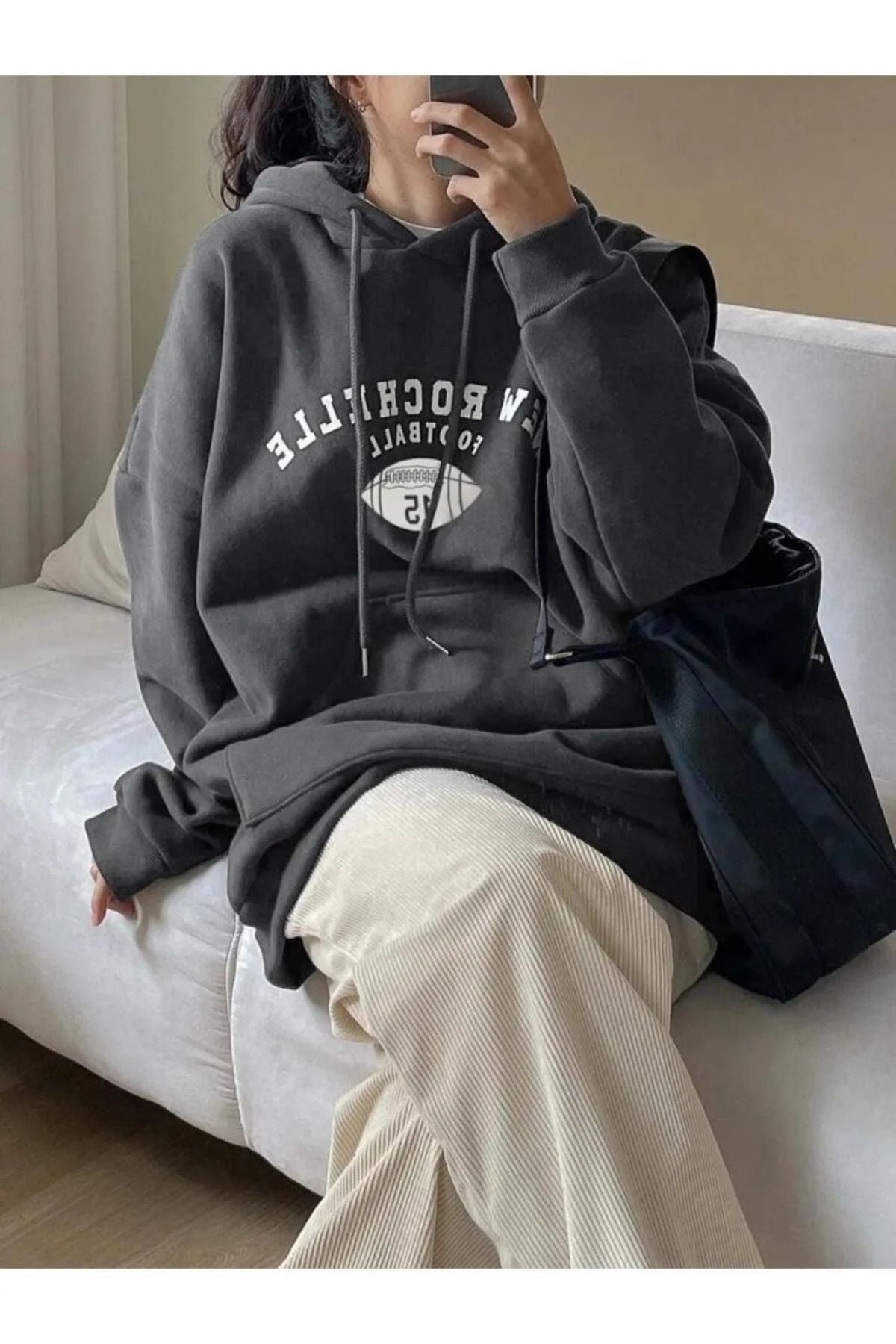 Benisengiydir Kadın Lacivert Rochelle Yazı Baskılı Oversize Kapüşonlu Sweatshirt