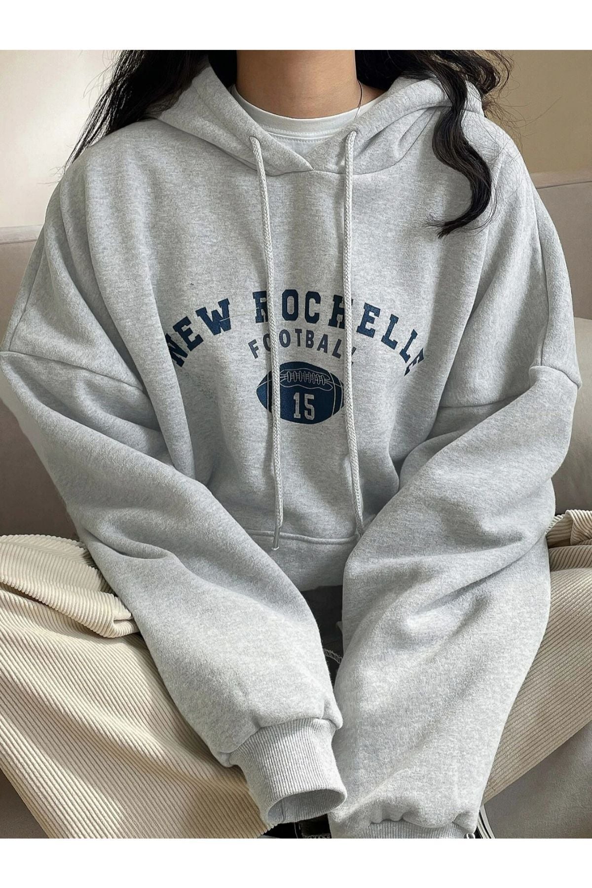 Benisengiydir Kadın Lacivert Rochelle Yazı Baskılı Oversize Kapüşonlu Sweatshirt