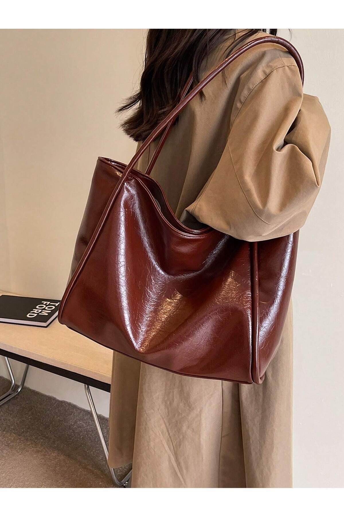 TECER Kadın Bordo Salaş Model Vintage Shopper El ve Omuz Çantası