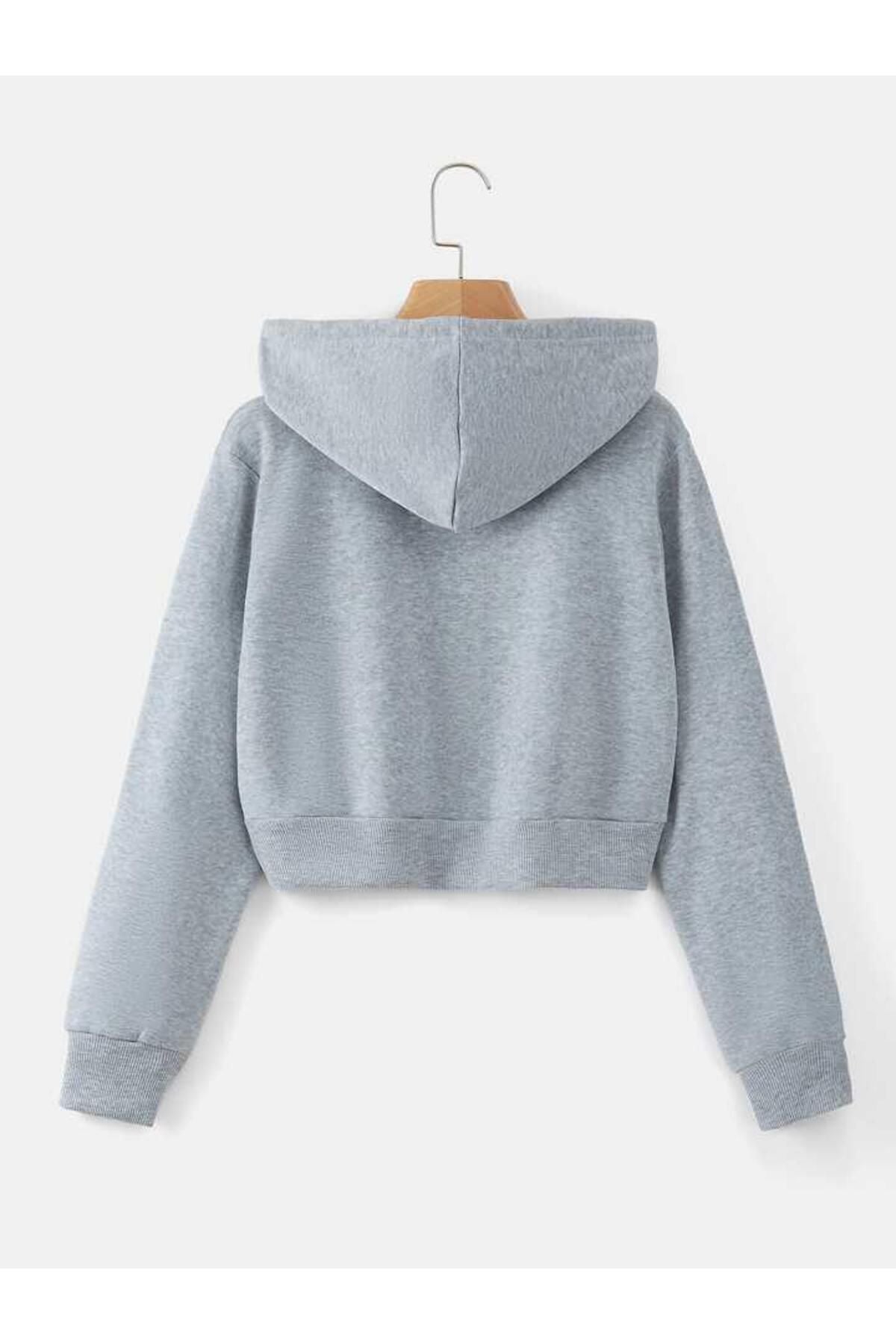 ER&WİER Kadın Fitted Crop Kapşonlu Zip Fermuarlı Polar Hırka Sweatshirt