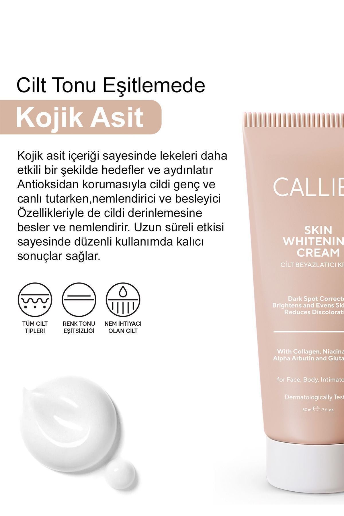 CALLİEL Cilt Beyazlatıcı , Aydınlatıcı Leke Karşıtı Bakım Kremi Glutatyon,alpha Arbutin,kojik Asit 50ml