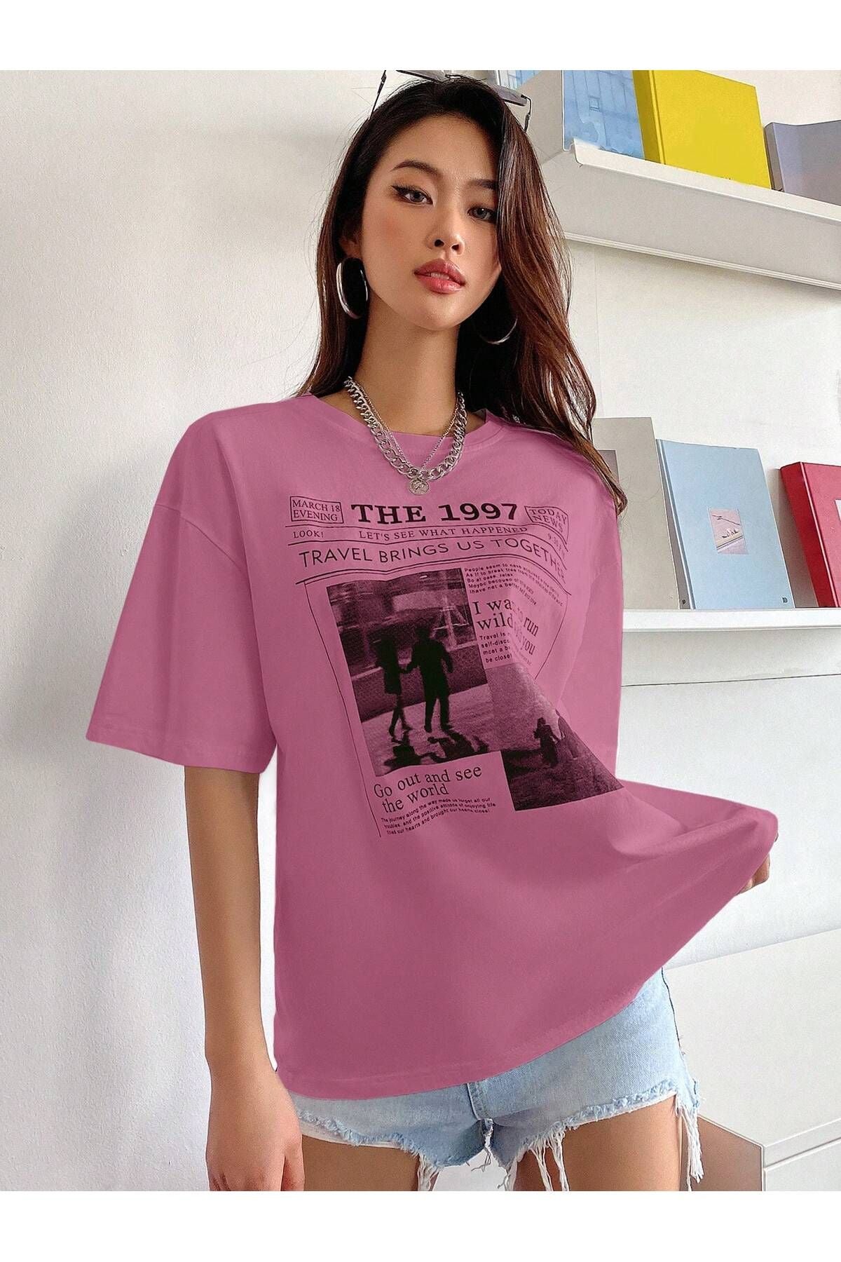 MODAGEN Kadın Bej The 1997 Baskılı Oversize T-shirt