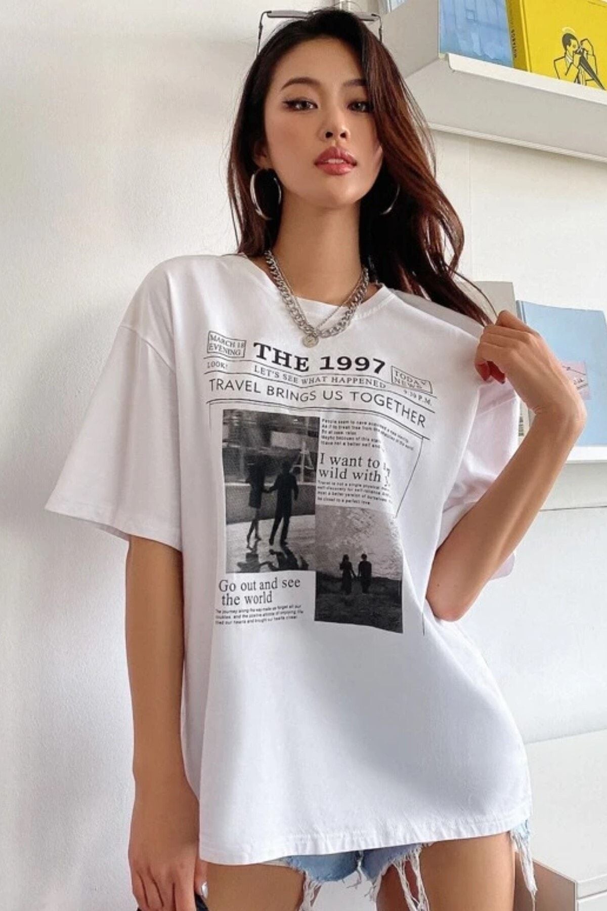 MODAGEN Kadın Bej The 1997 Baskılı Oversize T-shirt