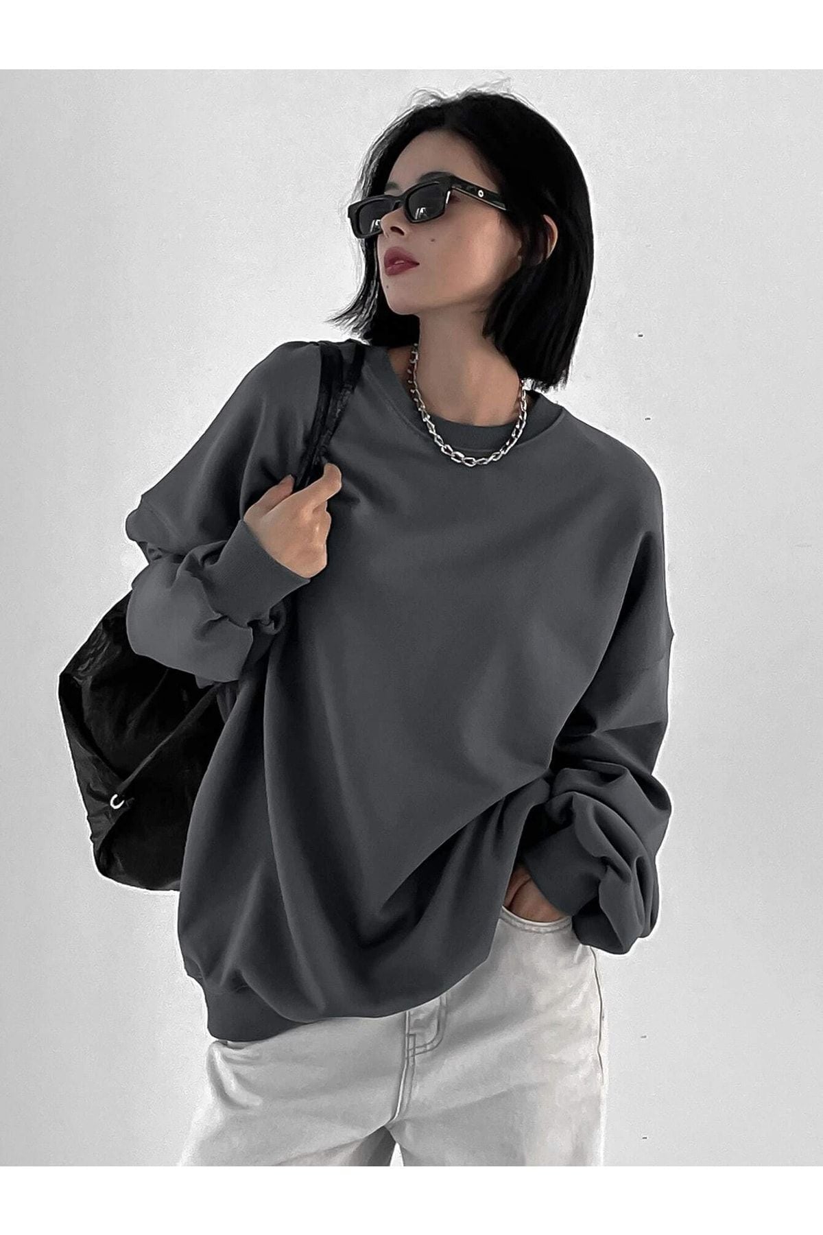 MODARİCH Füme Kalın Sweatshirt - Oversize Şardonlu Bisiklet Yaka