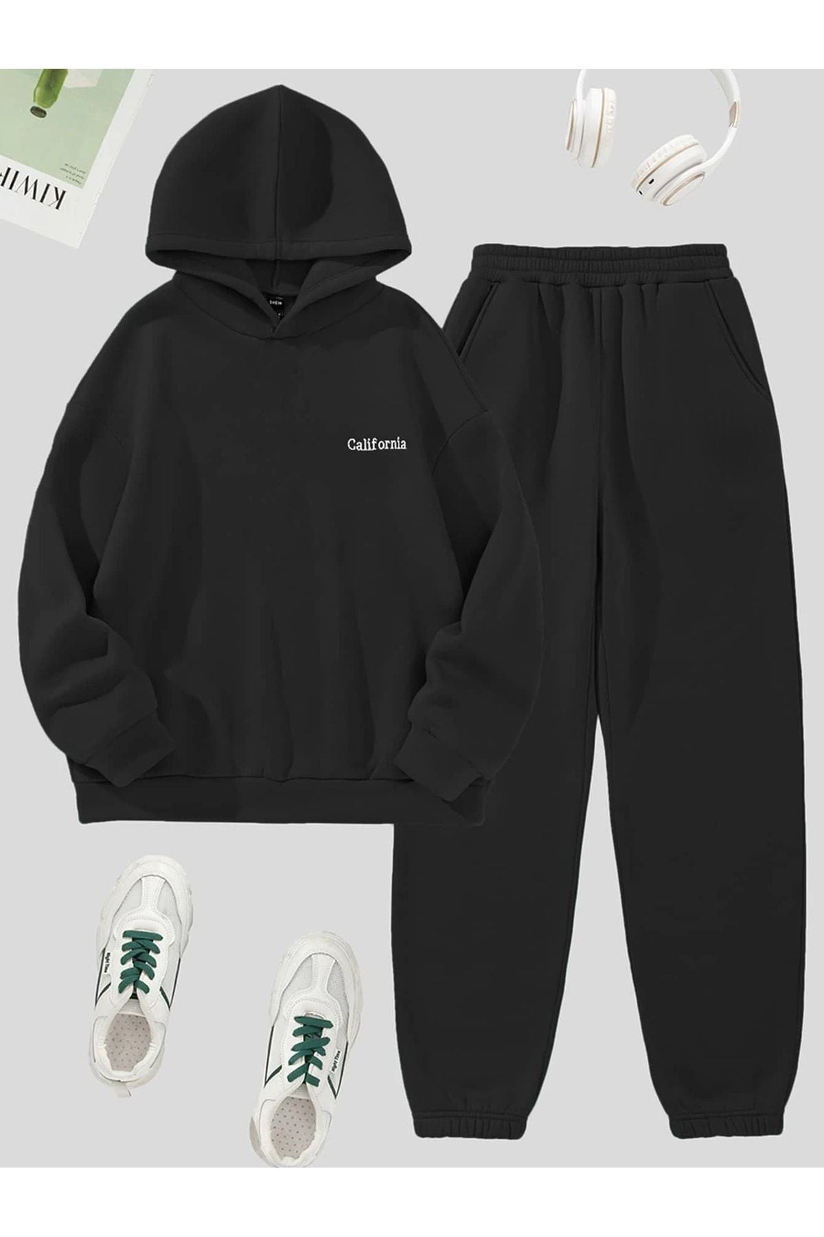 DUBU BUTİK California Yazılı Eşofman Takımı Sweatshirt Jogger - Siyah Baskılı Oversize Şardonlu Kapüşonlu