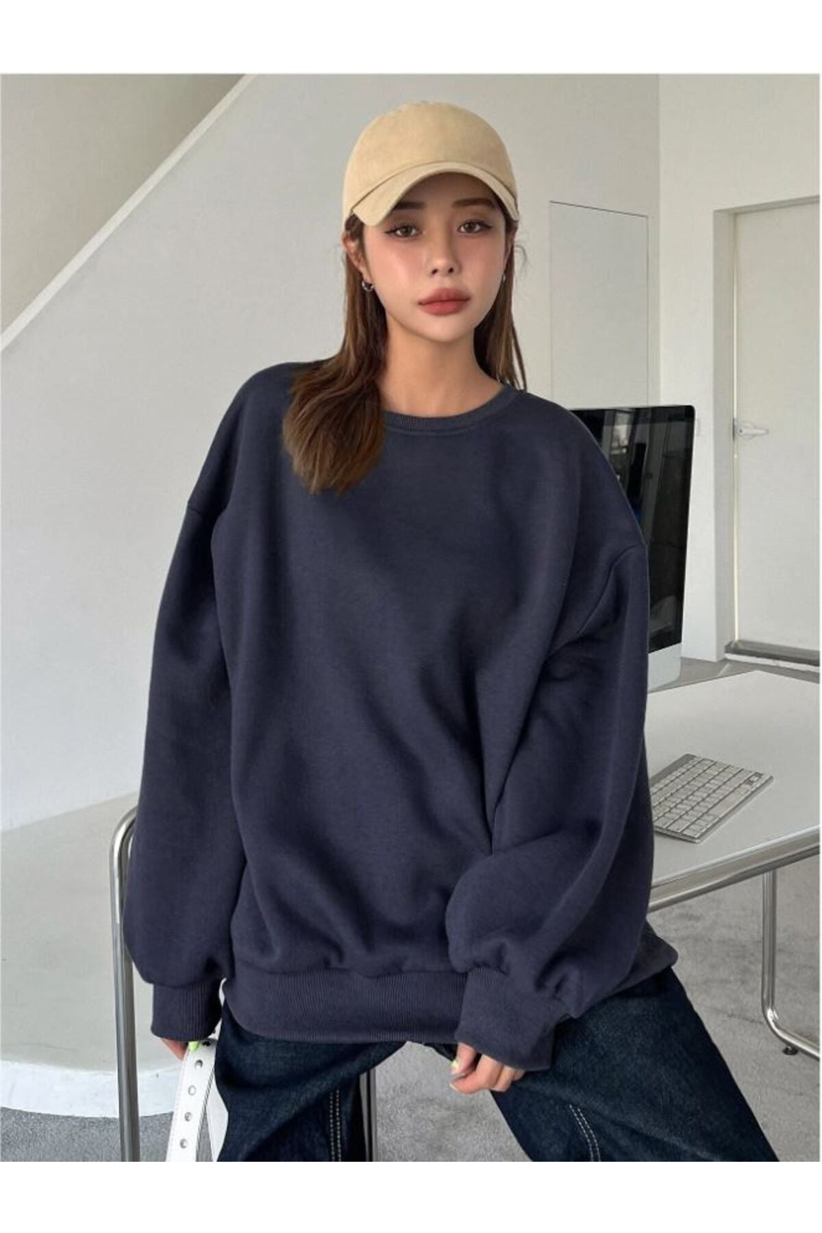 MODARİCH Füme Kalın Sweatshirt - Oversize Şardonlu Bisiklet Yaka