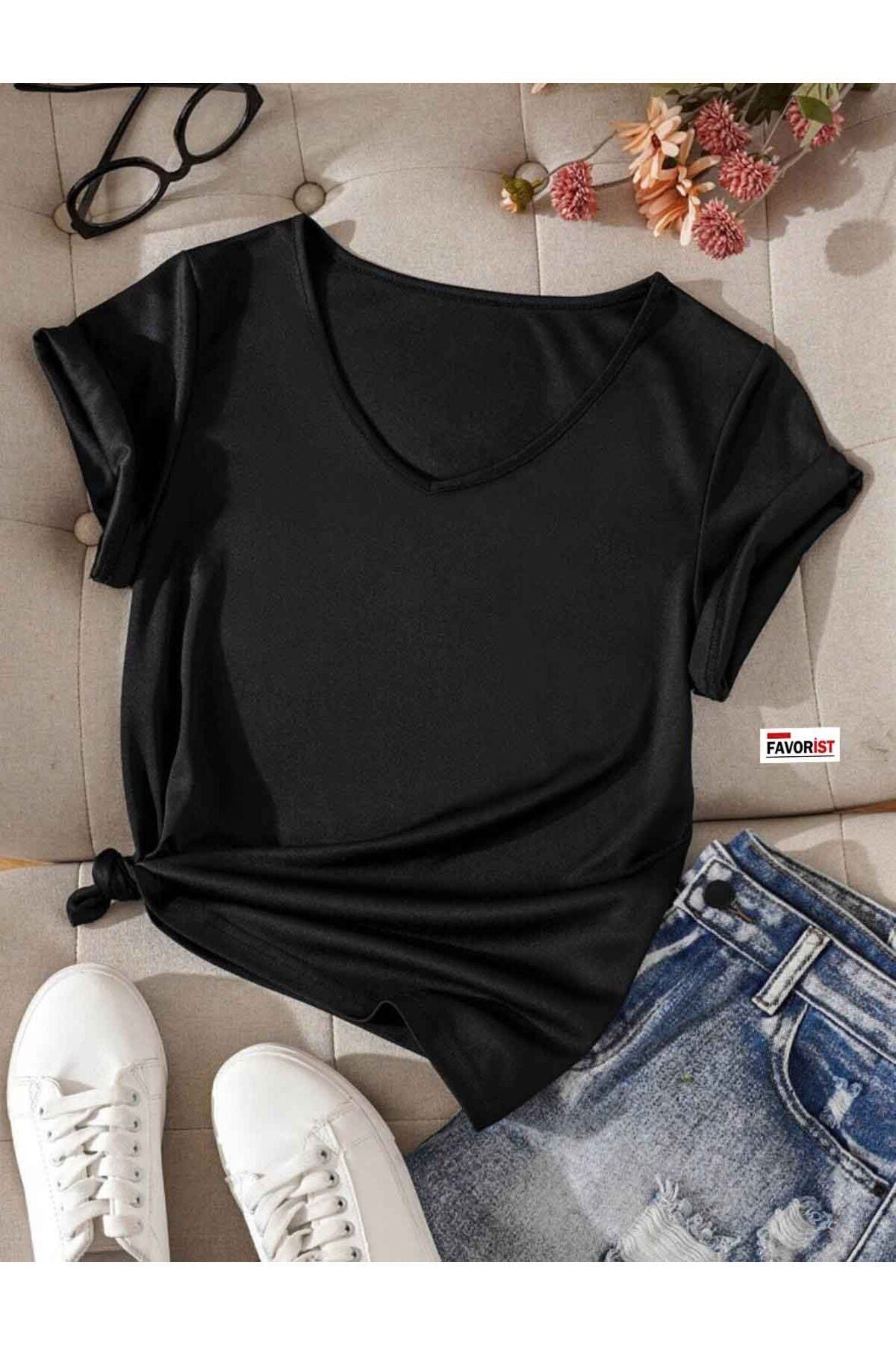 FAVORİST V Yaka (düz Desensiz) Basic Giy Çık Pamuklu Tshirt