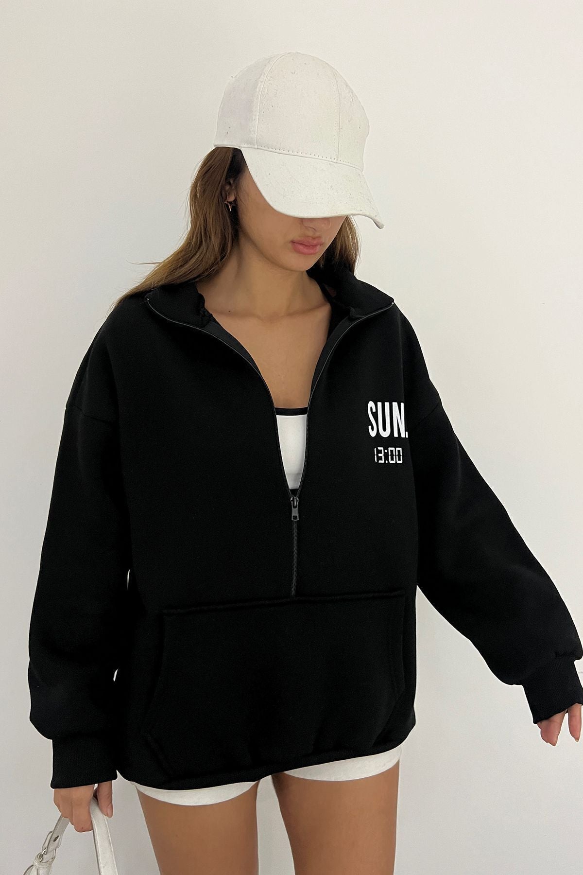 Sun Victoria Lacivert Unisex Dik Yaka Fermualı Oversize 3 Iplik İçi Şardonlu Baskılı Sweatshirt