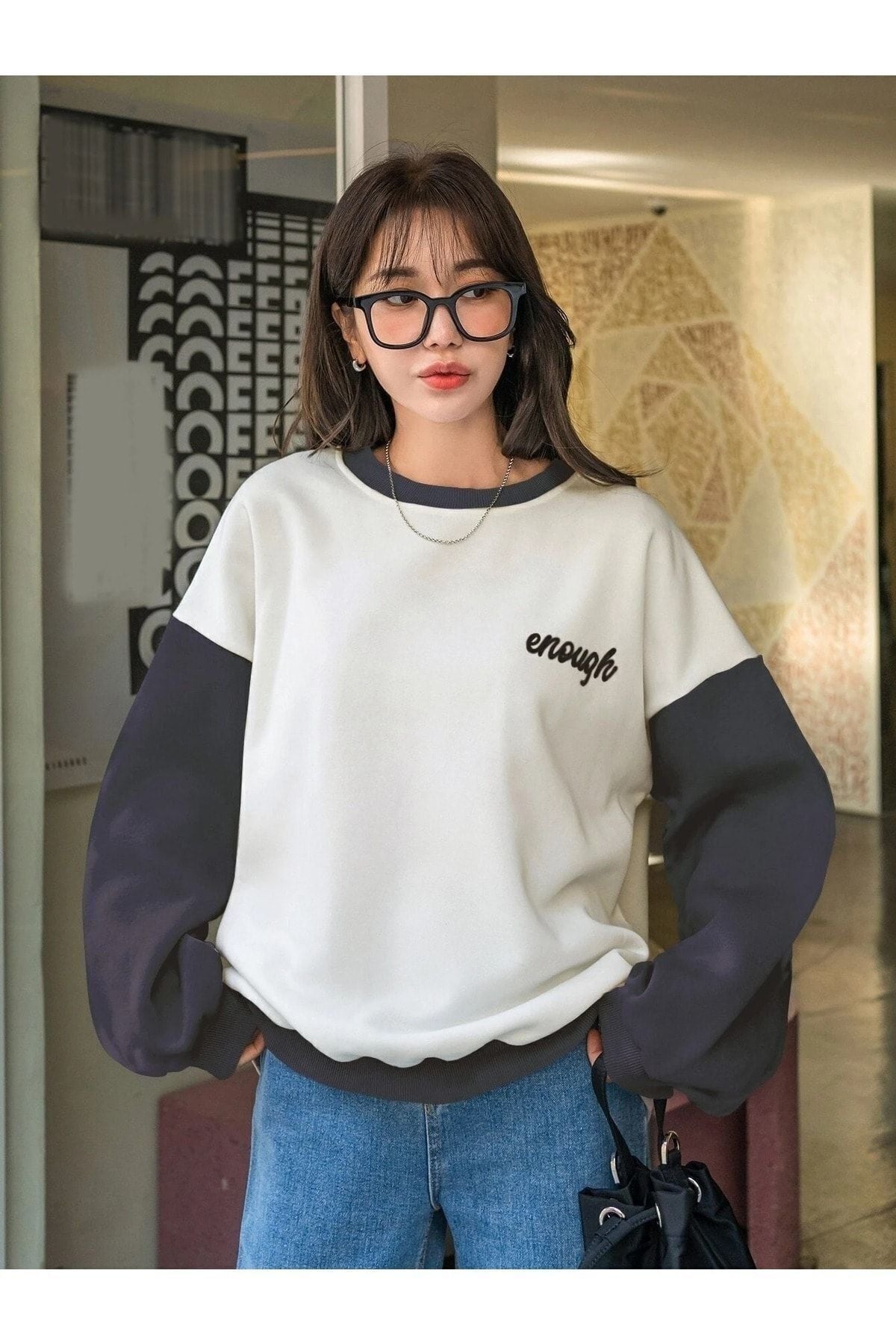 Know Kadın 3 Iplik Beyaz Enough Baskılı Füme Kol Detay Oversize Sweatshirt