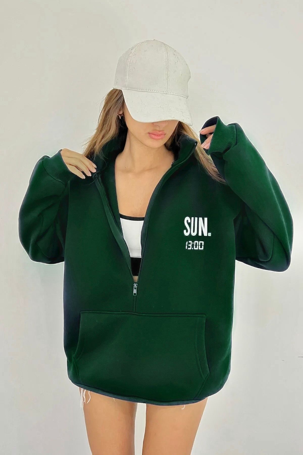 Sun Victoria Lacivert Unisex Dik Yaka Fermualı Oversize 3 Iplik İçi Şardonlu Baskılı Sweatshirt