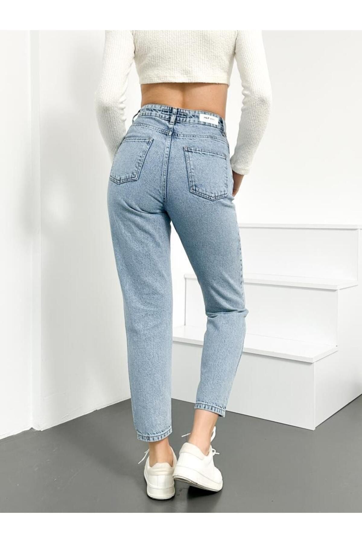 HLT JEANS Açık Mavi Kadın Likralı Mom Jean Yüksek Bel Esnek Kot Pantolon ANNA-AÇMAVİ