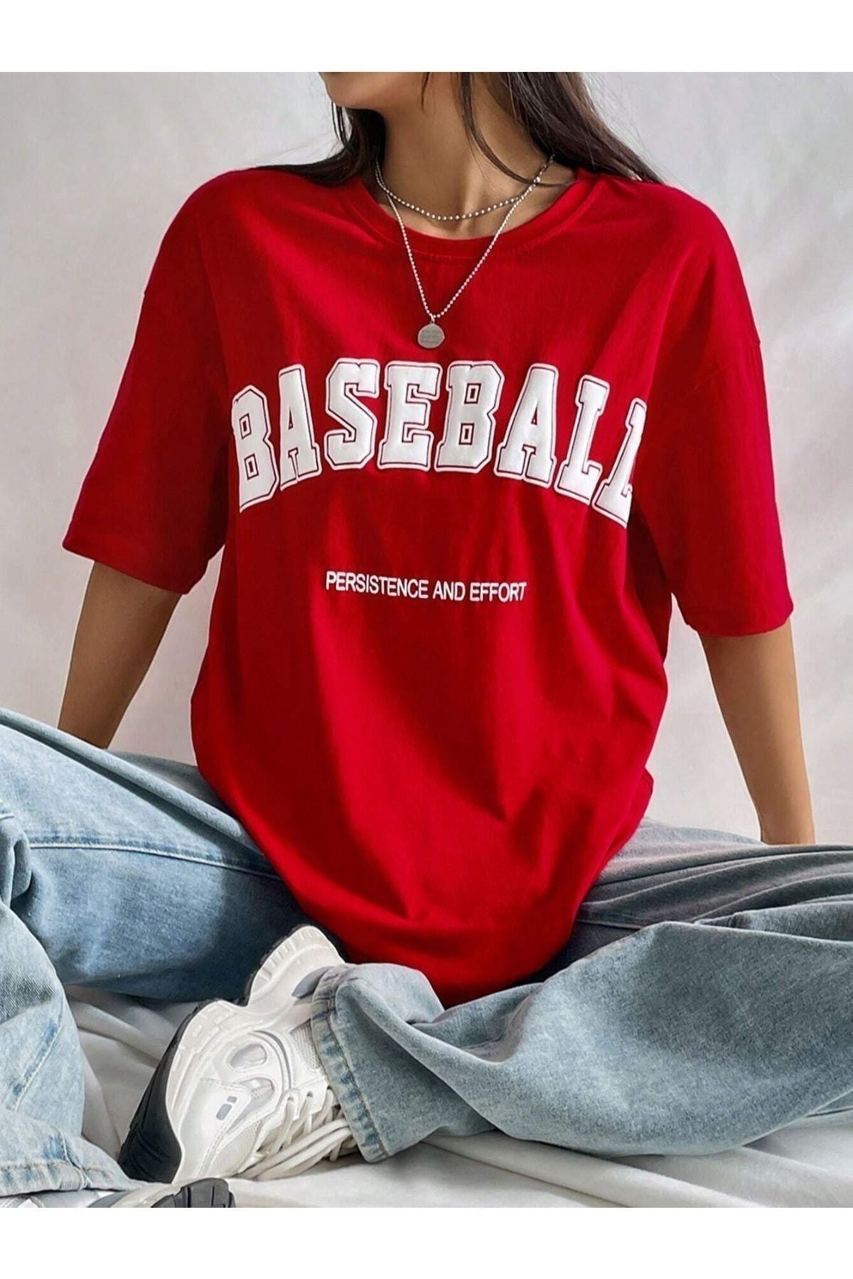 Black Sokak Blacksokak Kadın Kırmızı Baseball Baskılı Oversize Bisiklet Yaka Tişört