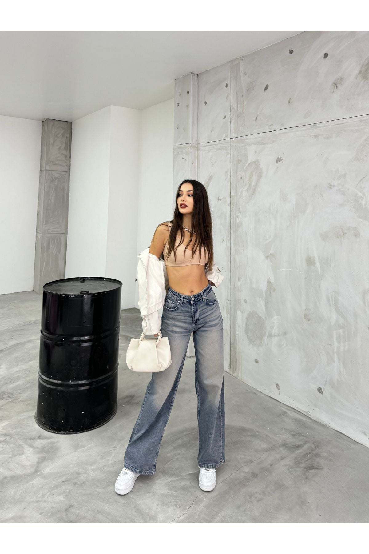 BİKELİFE Kadın Soluk Efekt Vintage Yüksek Bel Wide Leg Jeans