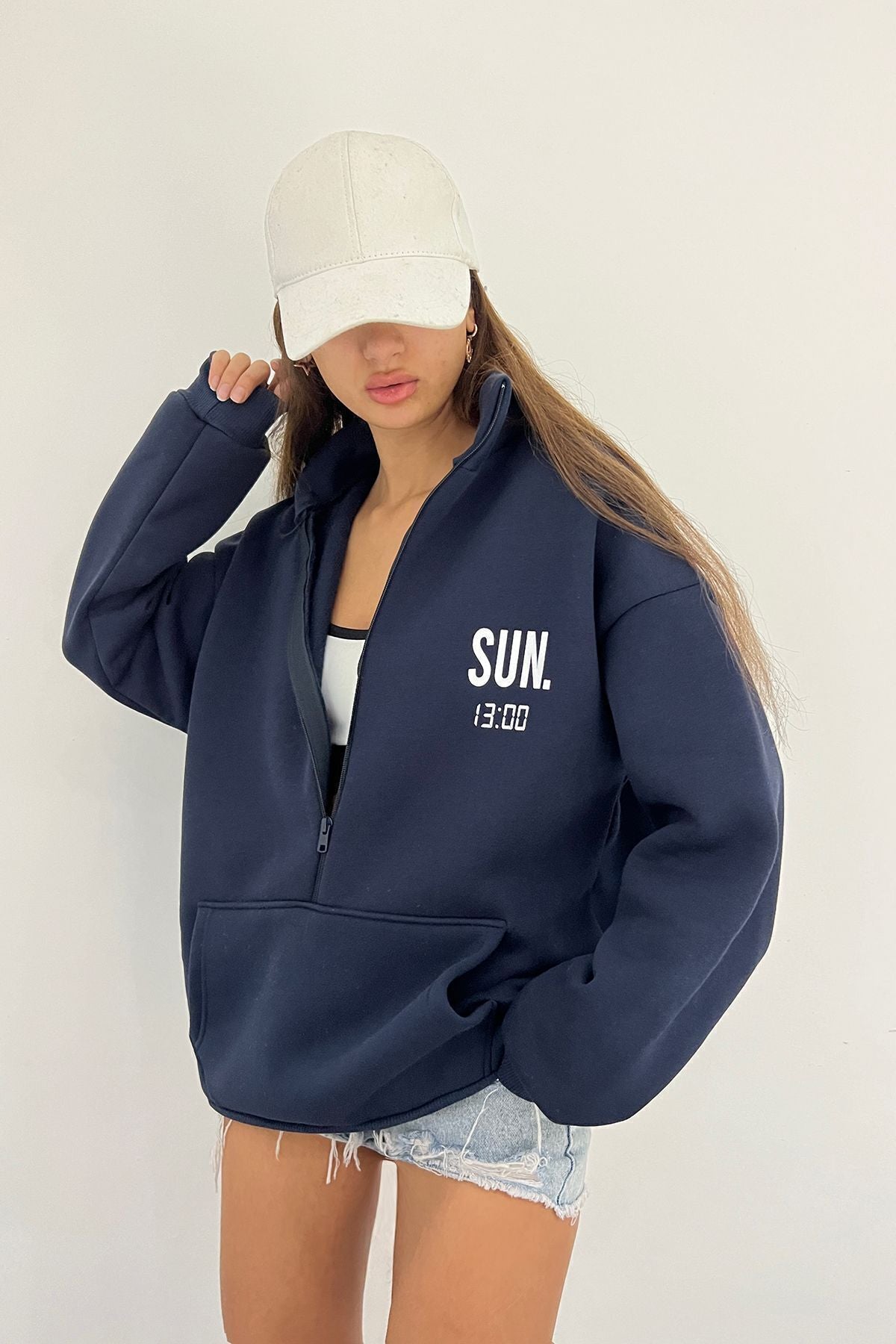 Sun Victoria Lacivert Unisex Dik Yaka Fermualı Oversize 3 Iplik İçi Şardonlu Baskılı Sweatshirt