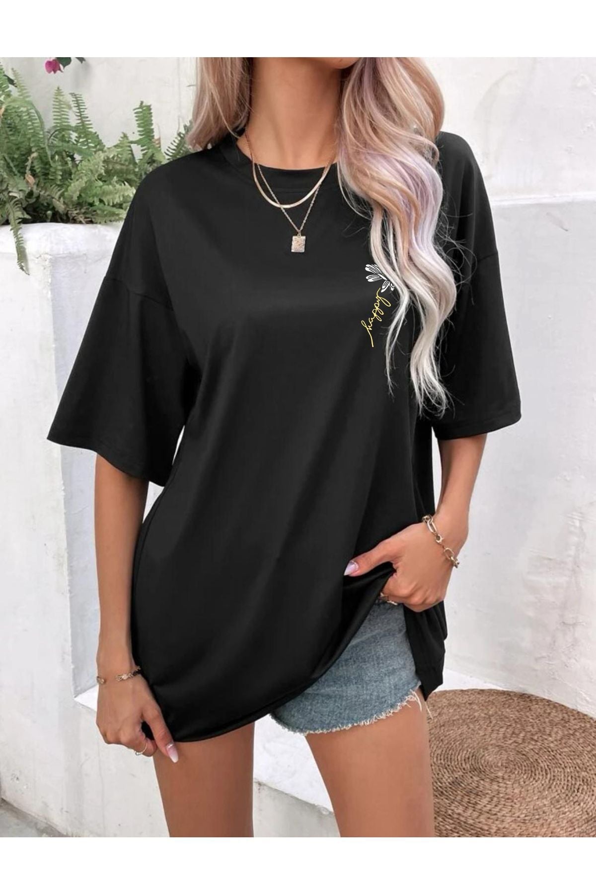 FAVORİST PAPATYA Baskılı Yazlık Pamuklu Kumaş Oversize Kalıp Tshirt