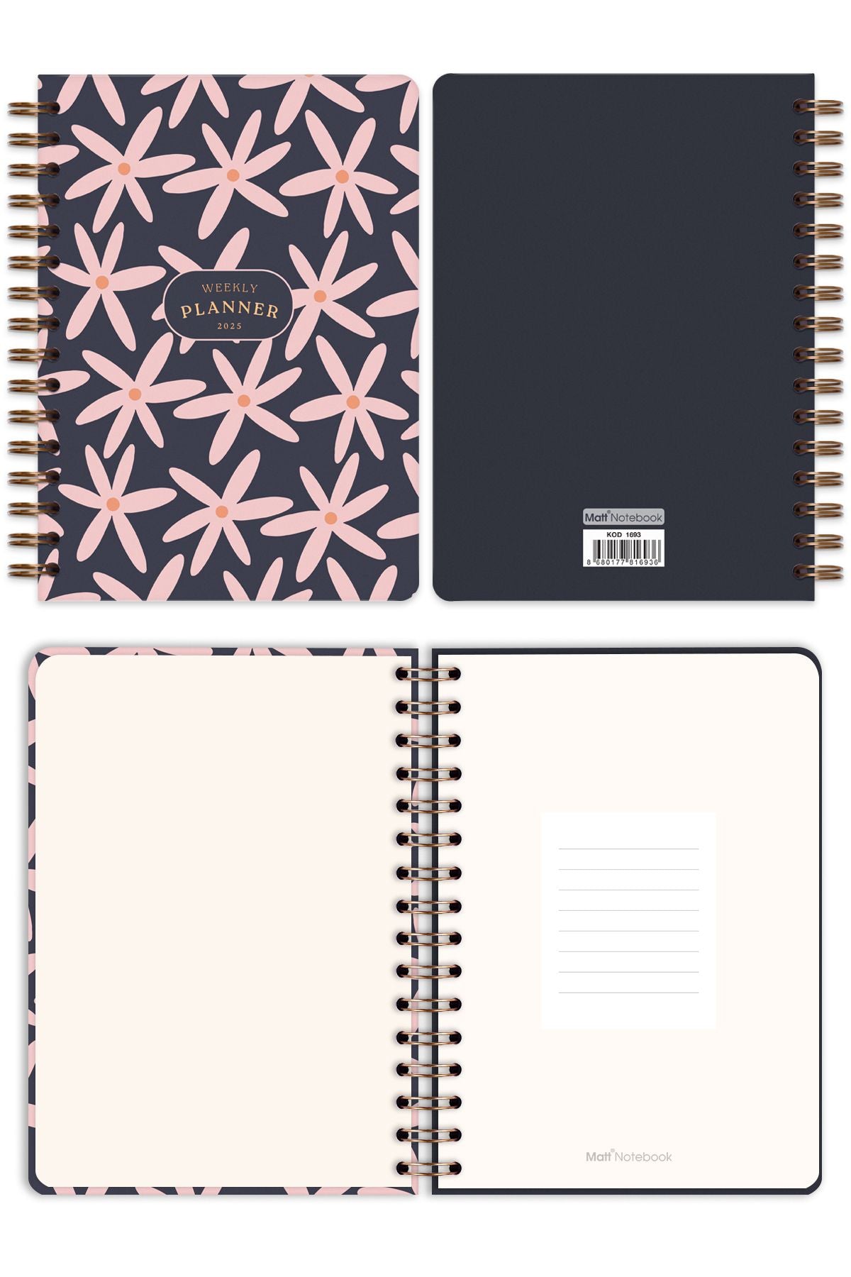 Matt Notebook 2025 Yılı A5 Ajanda Spiralli 15x21 cm - 12 Aylık Papatyalar