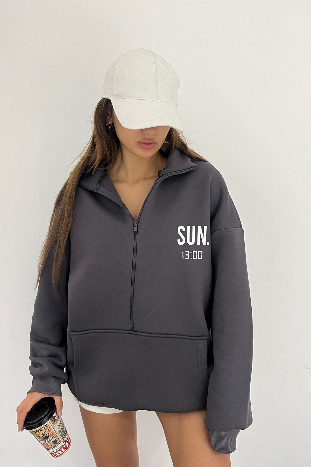 Sun Victoria Lacivert Unisex Dik Yaka Fermualı Oversize 3 Iplik İçi Şardonlu Baskılı Sweatshirt