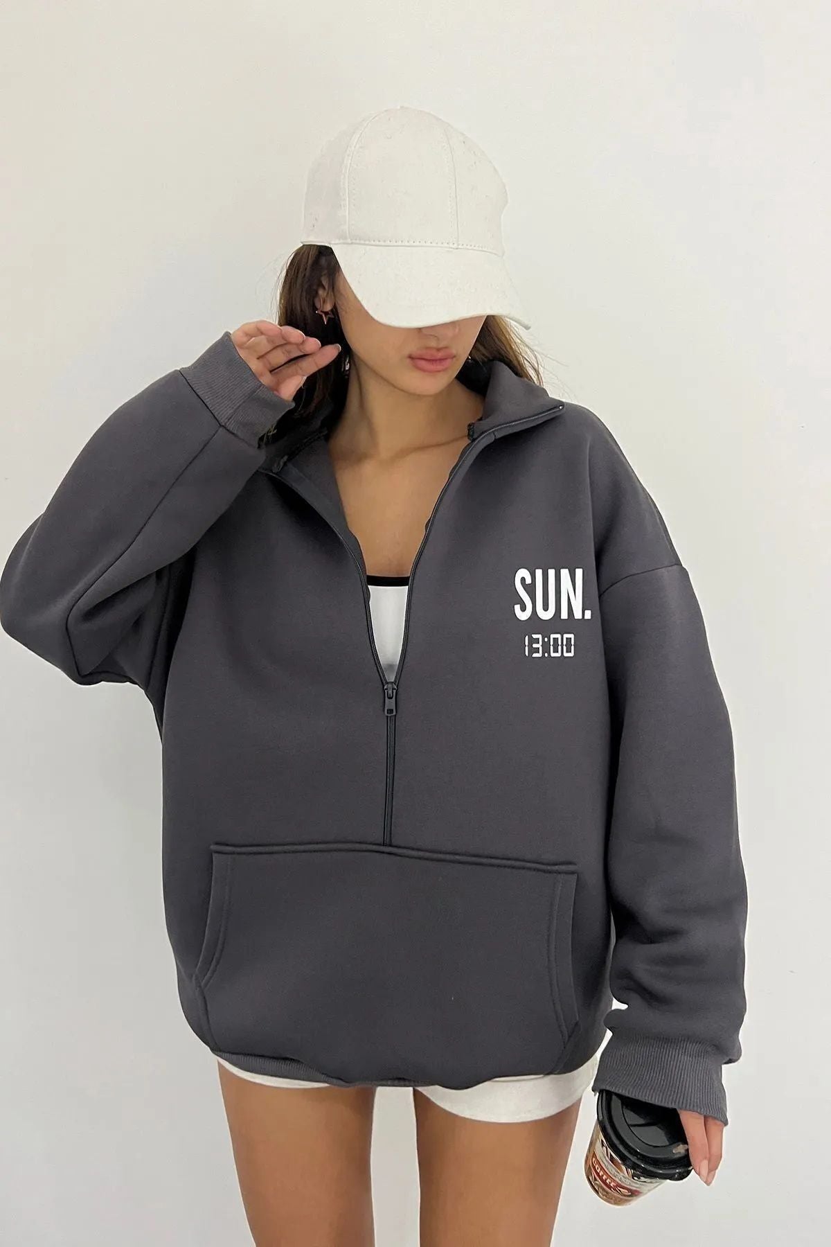 Sun Victoria Lacivert Unisex Dik Yaka Fermualı Oversize 3 Iplik İçi Şardonlu Baskılı Sweatshirt