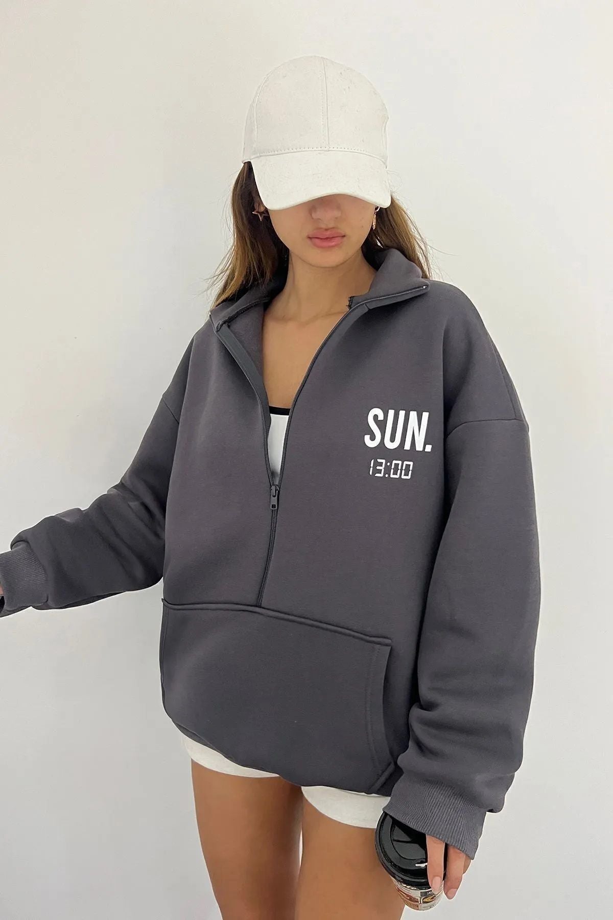 Sun Victoria Lacivert Unisex Dik Yaka Fermualı Oversize 3 Iplik İçi Şardonlu Baskılı Sweatshirt