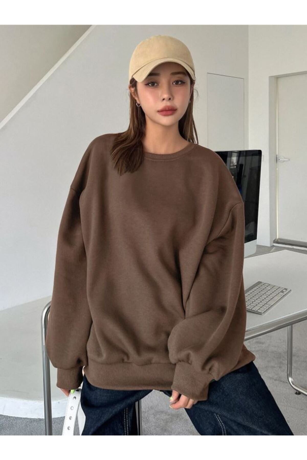 MODARİCH Füme Kalın Sweatshirt - Oversize Şardonlu Bisiklet Yaka