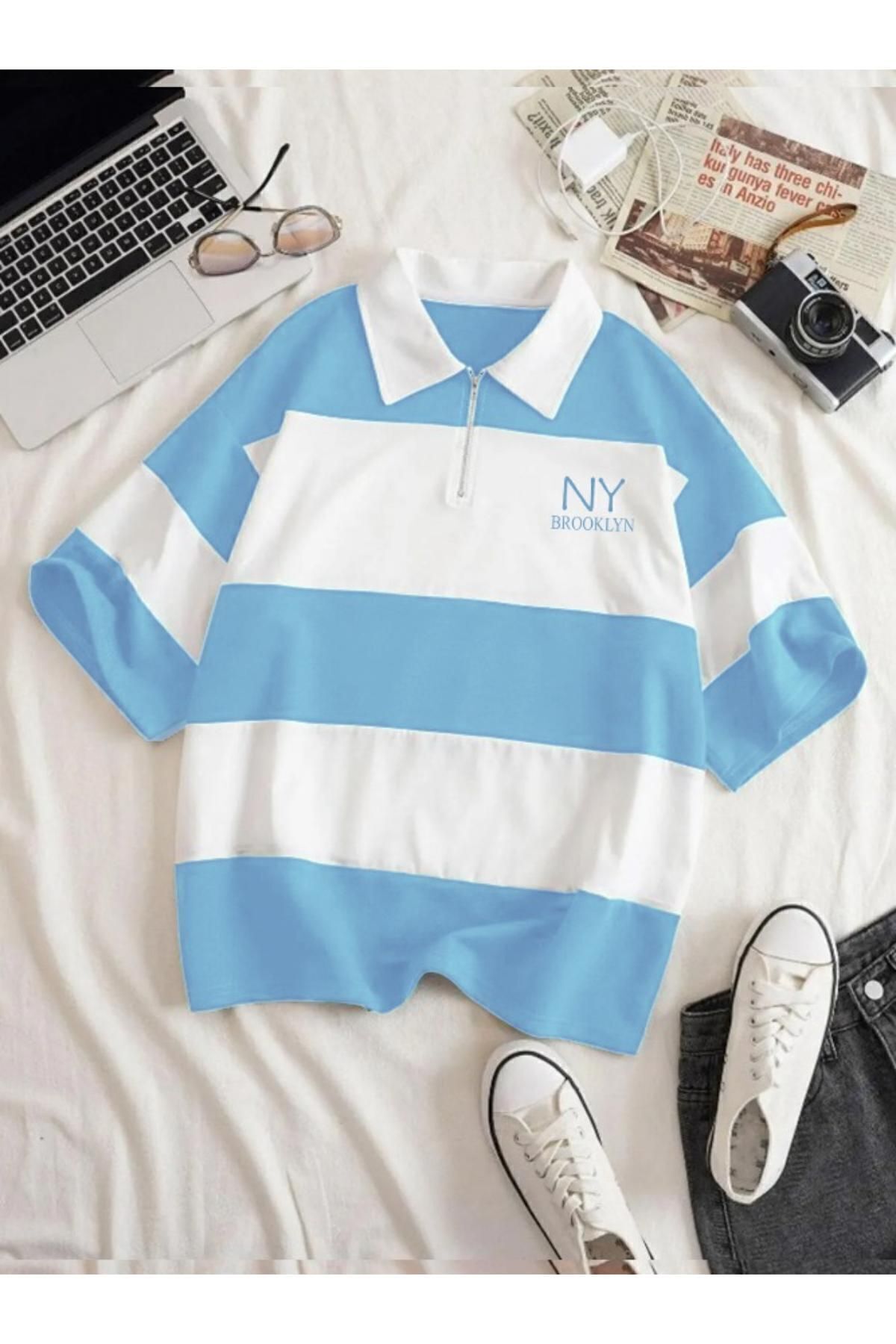 RASCHA Kadın Yeşil Çizgili NY Baskılı Fermuarlı Polo Yaka Oversize T-shirt