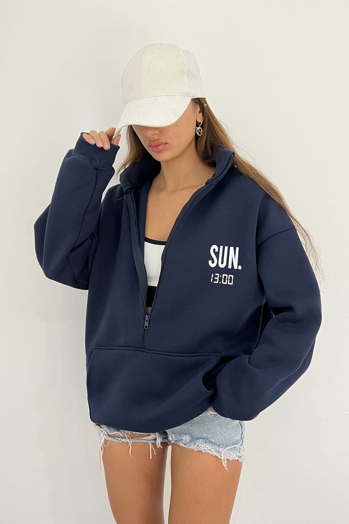 Sun Victoria Lacivert Unisex Dik Yaka Fermualı Oversize 3 Iplik İçi Şardonlu Baskılı Sweatshirt