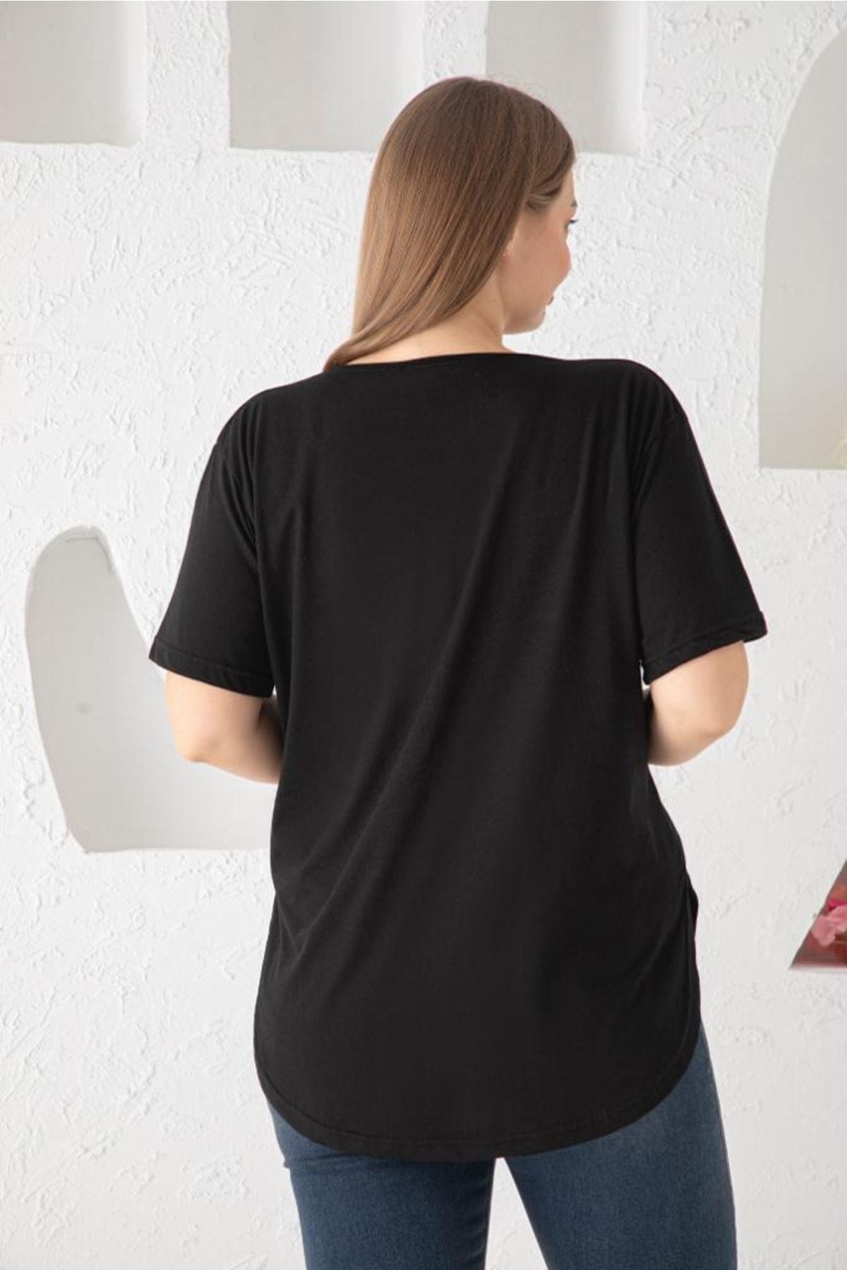 Trendbade Butik Kadın V Yaka Büyük Beden T-shirt Siyah