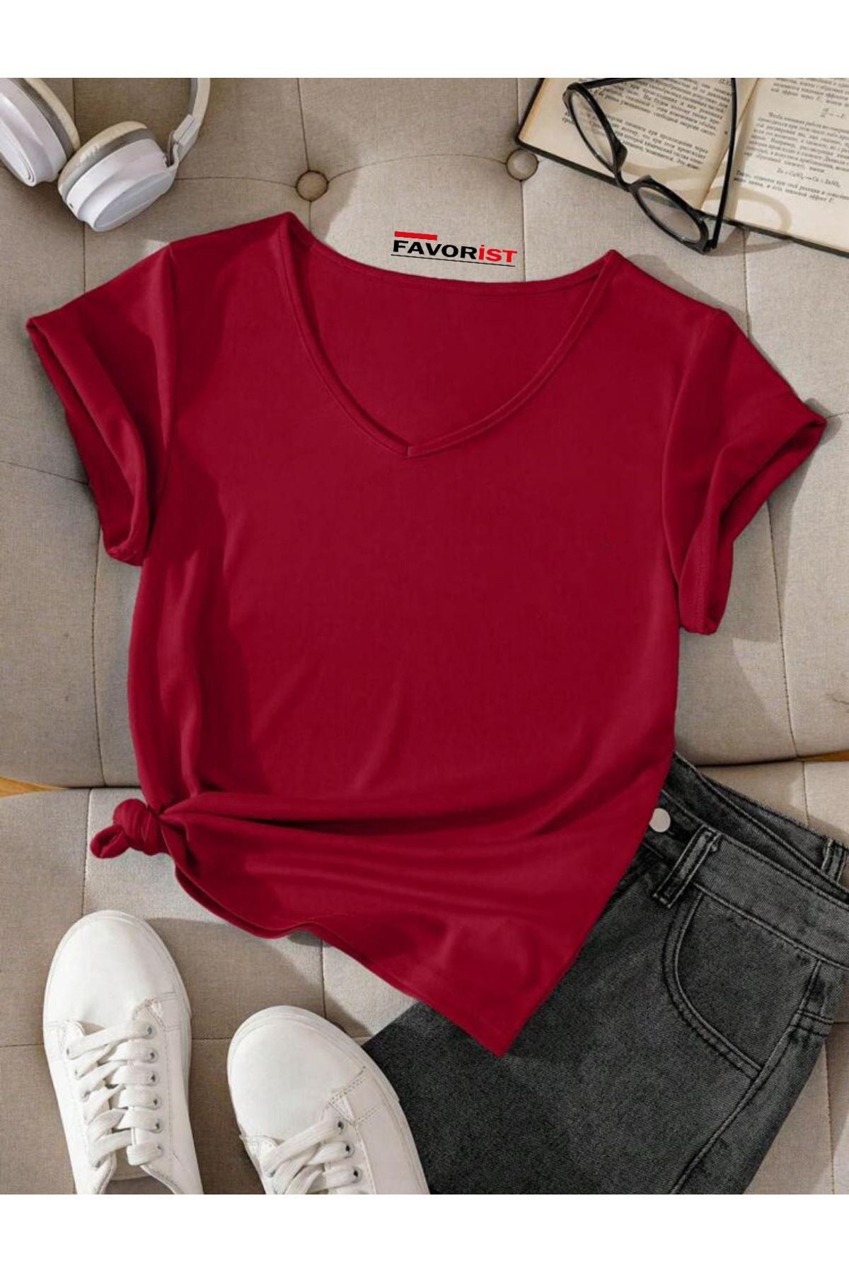 FAVORİST V Yaka (düz Desensiz) Basic Giy Çık Pamuklu Tshirt