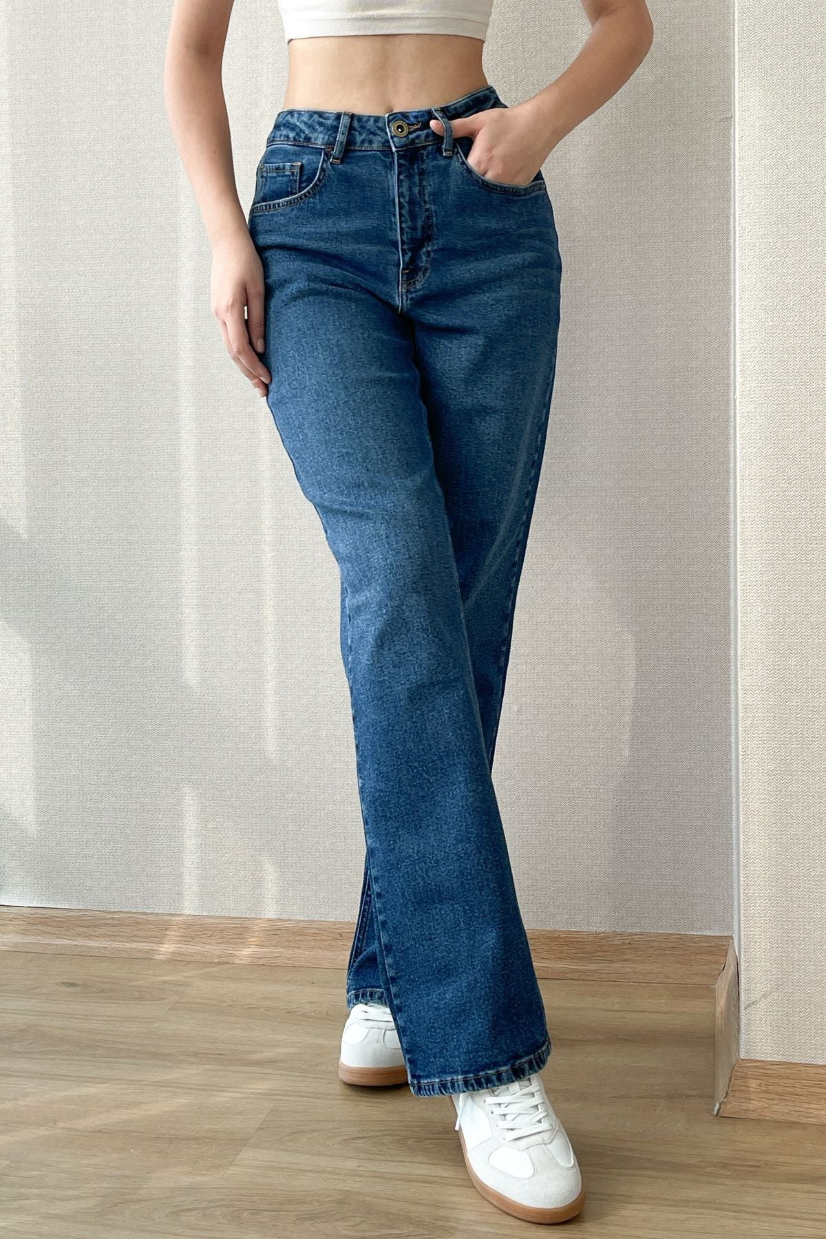 HLT JEANS Koyu Mavi Kadın Wide Leg Jean Yüksek Bel Palazzo Likralı Esnek Kot Pantolon Jessica-kymavi