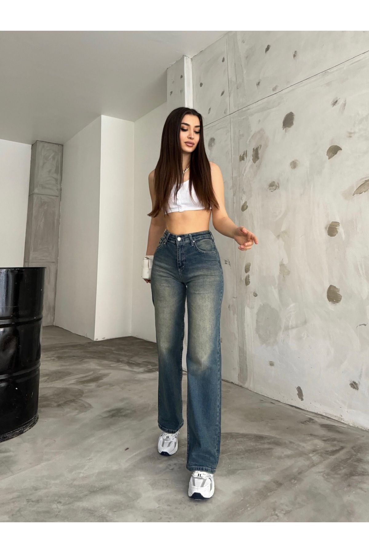 BİKELİFE Kadın Soluk Efekt Vintage Yüksek Bel Wide Leg Jeans