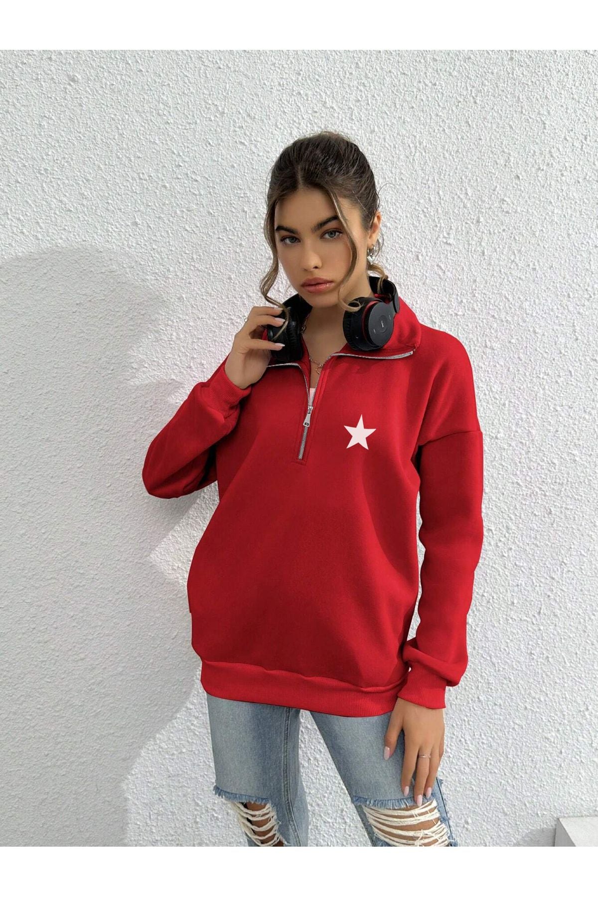 Jooy Company Yarım Fermuarlı Yıldız Baskılı Beyaz Kadın Sweatshirt