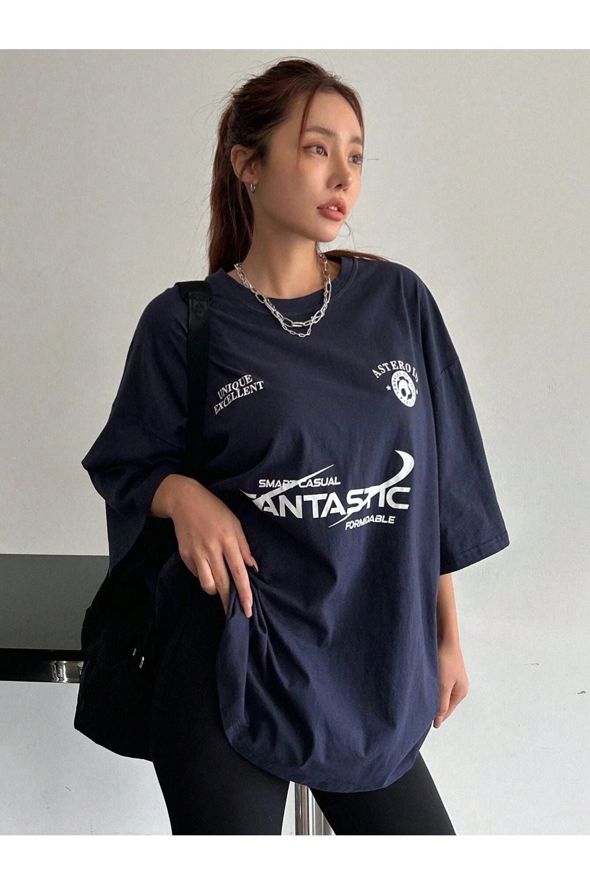 Sweetline Fantastıc Süprem T-Shirt - Lacivert Baskılı Oversize Bisiklet Yaka Tişört