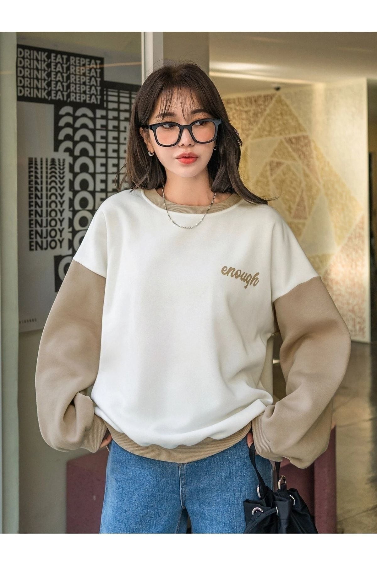 Know Kadın 3 Iplik Beyaz Enough Baskılı Füme Kol Detay Oversize Sweatshirt